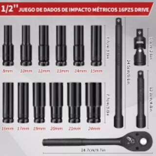 Foto 2 | Juego De Dados Alto Impacto De Aire De 1/2 16 Piezas Eo Safe Imports Esi-12366-1 Negro