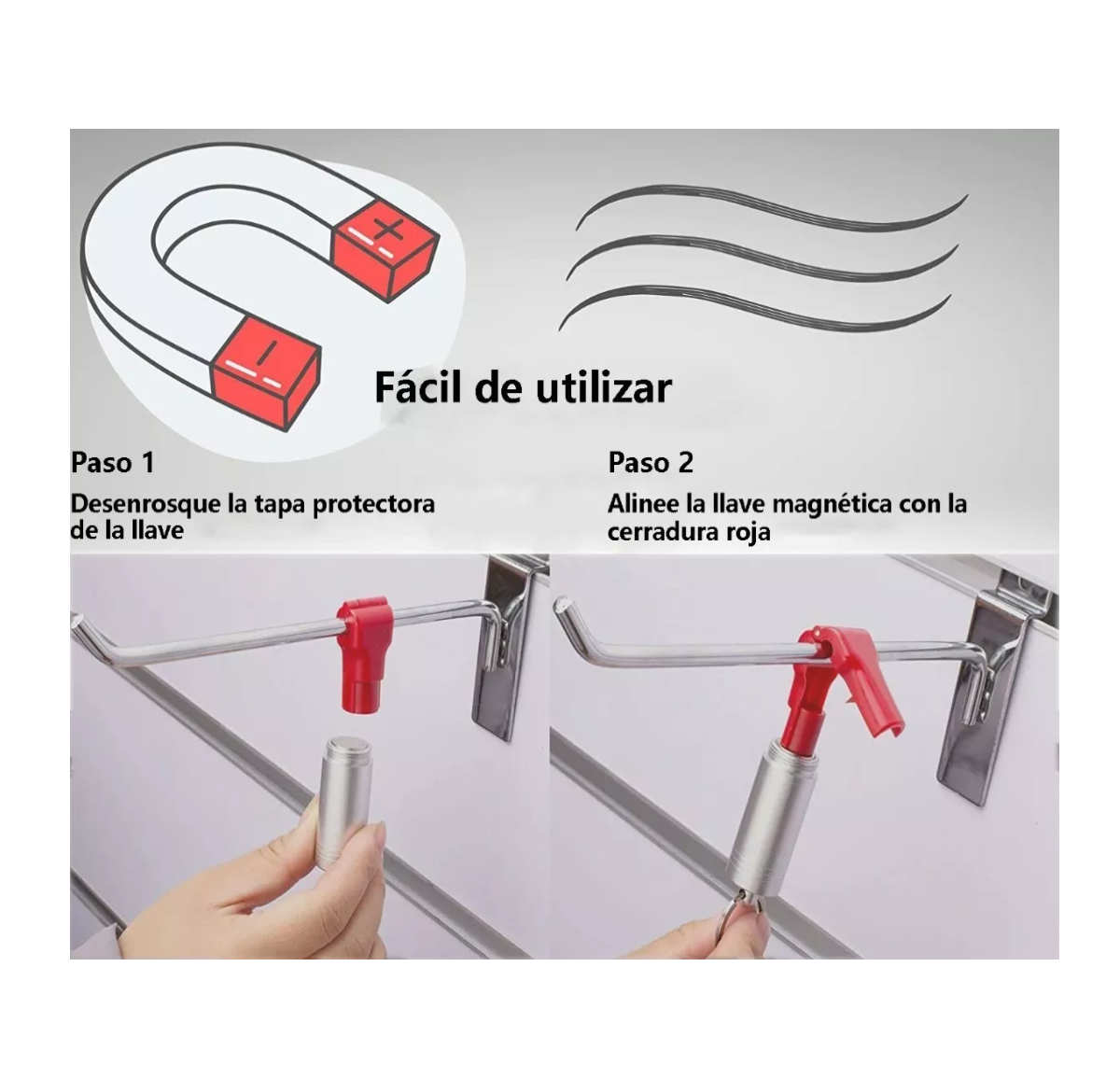 Foto 4 pulgar | 100 Rojo Candado Gancho Exhibidor,1 Llave Magnética , Belug Plateado