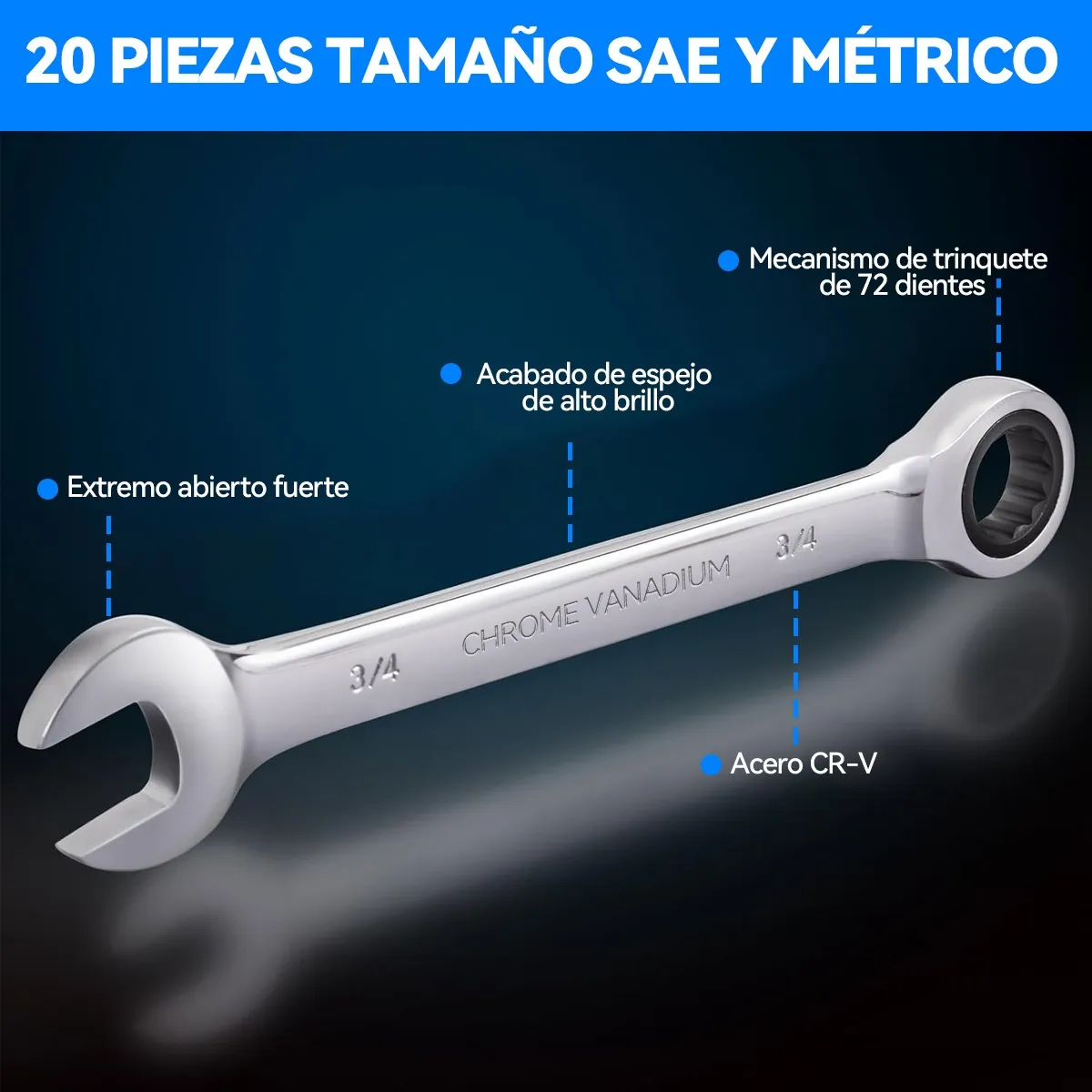 Foto 4 pulgar | Juego De Llaves Trinquete De Pulgadas Y Métricas De 20 Pcs Eo Safe Imports Esi-18716 Plata