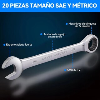 Foto 3 | Juego De Llaves Trinquete De Pulgadas Y Métricas De 20 Pcs Eo Safe Imports Esi-18716 Plata