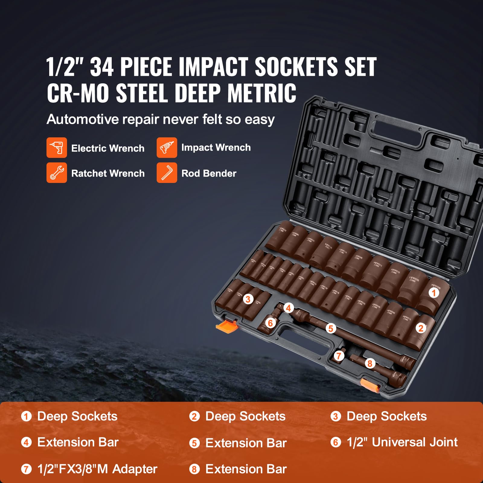 Foto 4 pulgar | Juego De Enchufes Vevor 1/2 Drive Impact De 34 Piezas Métricas De 8 A 36 Mm Con  - Venta Internacional.