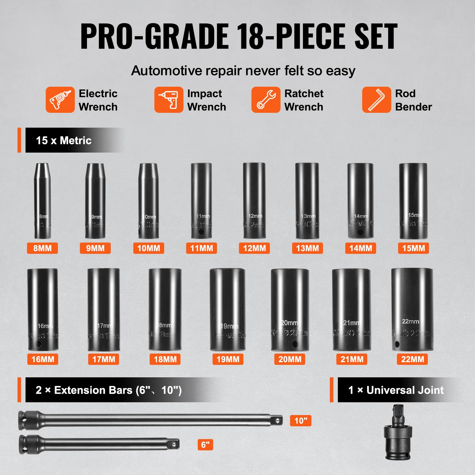 Foto 3 | Juego De Enchufes Vevor Drive Impact 3/8, 18 Piezas De Profundidad, 8-22 Mm - Venta Internacional.