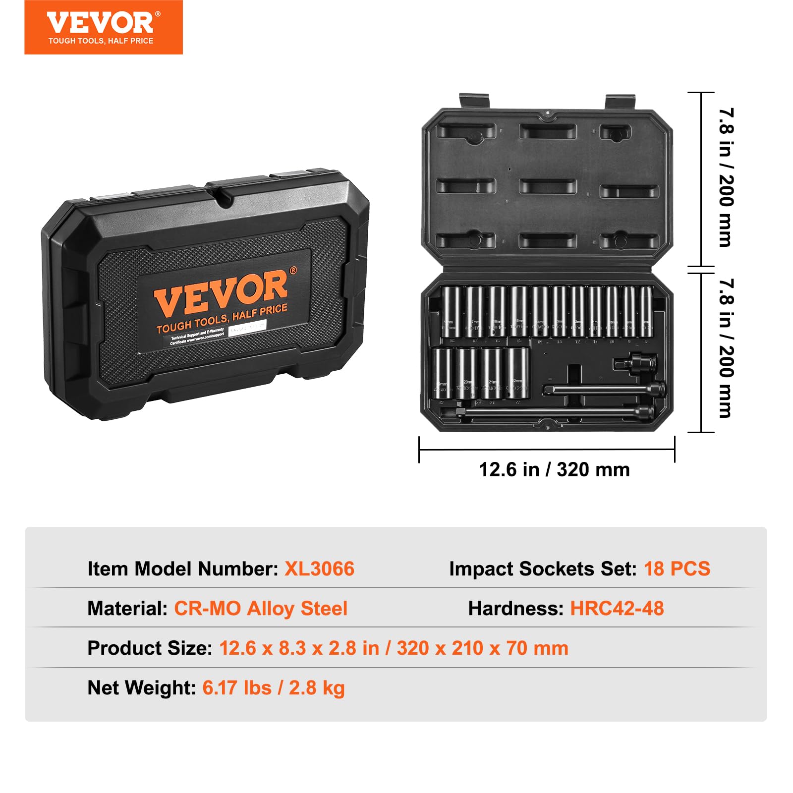 Foto 8 pulgar | Juego De Enchufes Vevor Drive Impact 3/8, 18 Piezas De Profundidad, 8-22 Mm - Venta Internacional.