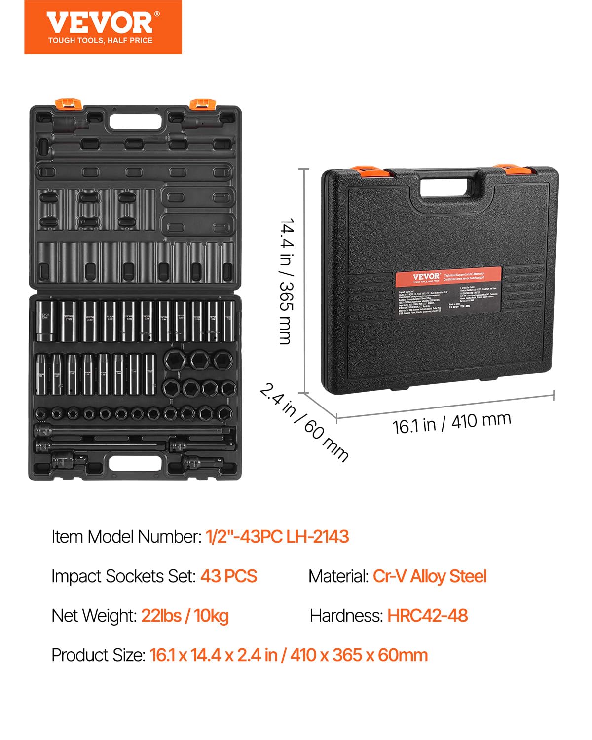 Foto 8 pulgar | Impact Socket Set Vevor, 43 Unidades, Disco De 1/2 Pulgada Con 4 Barras De Extensión - Venta Internacional.