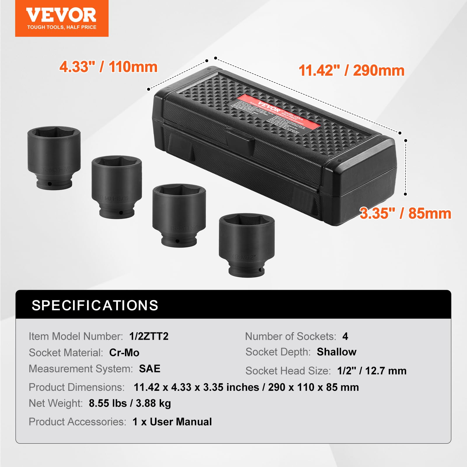 Foto 7 | Juego De Casquillos De Impacto Para Tuercas De Eje Vevor 1/2 Drive, 6 Puntos, 4 Piezas - Venta Internacional.