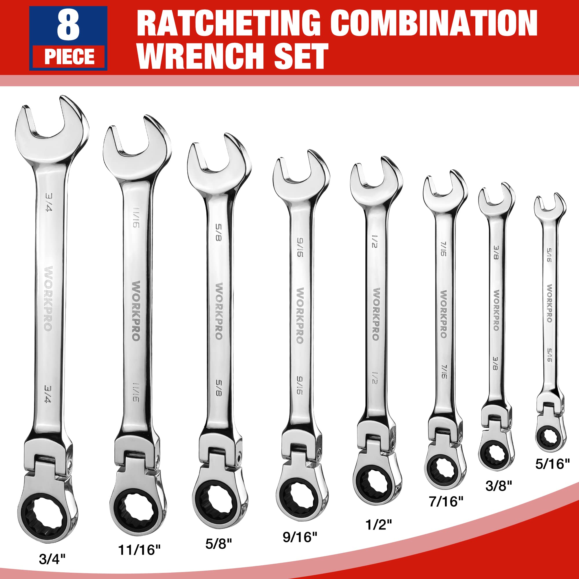 Foto 6 pulgar | Juego De Llaves Workpro Flex-head Tracheting De 8 Piezas Sae 5/16-3/4 Pulgadas - Venta Internacional.