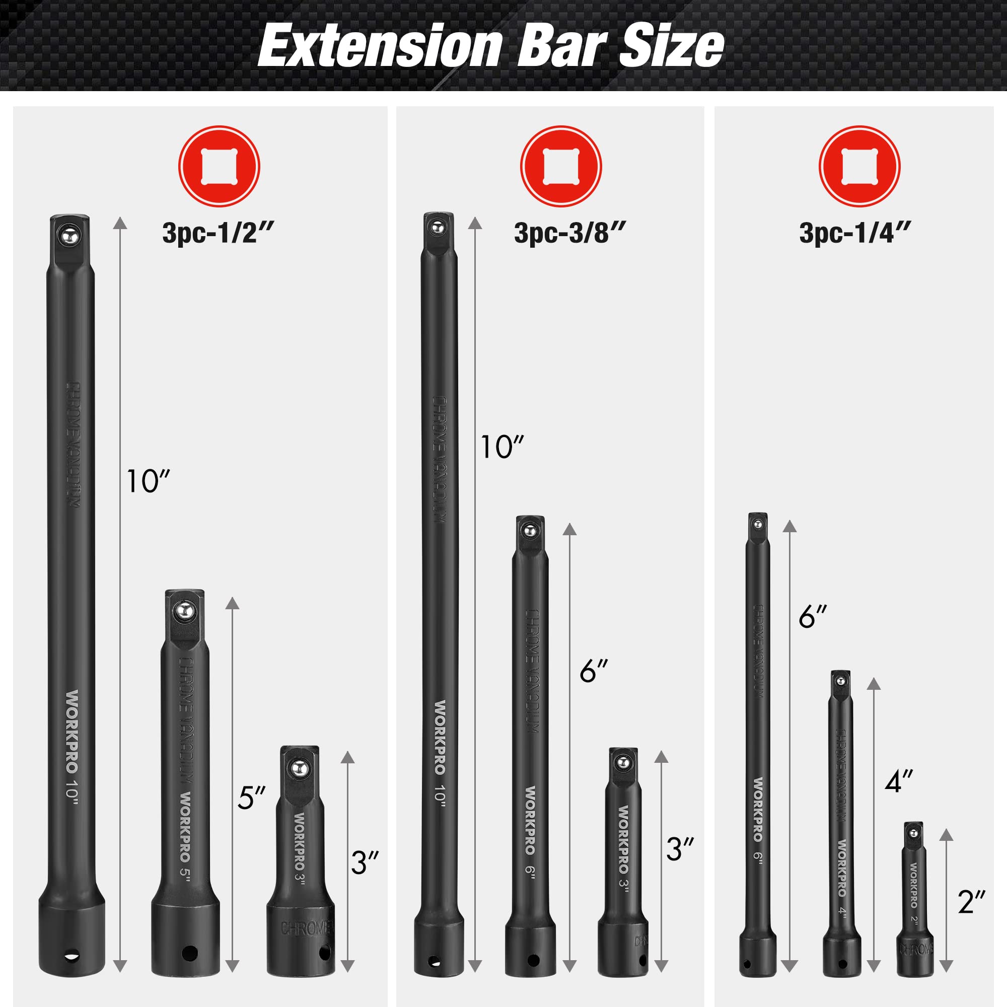 Foto 3 pulgar | Juego De Barras De Extensión Con Enchufe Workpro 9 Unidades De 1/4, 3/8 Y 1/2 - Venta Internacional.