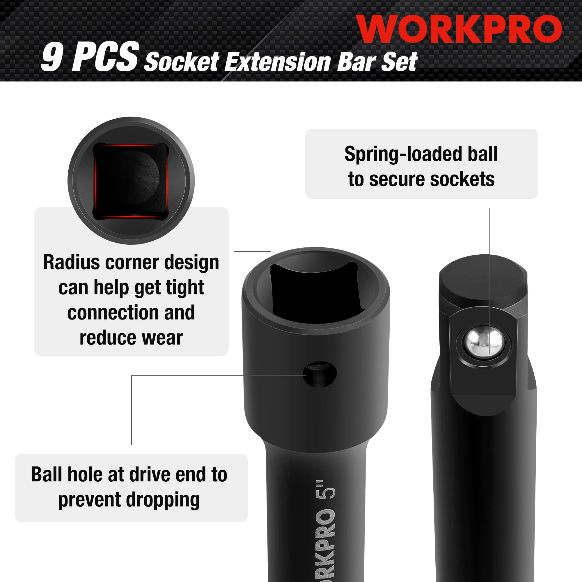 Foto 5 pulgar | Juego De Barras De Extensión Con Enchufe Workpro 9 Unidades De 1/4, 3/8 Y 1/2 - Venta Internacional.
