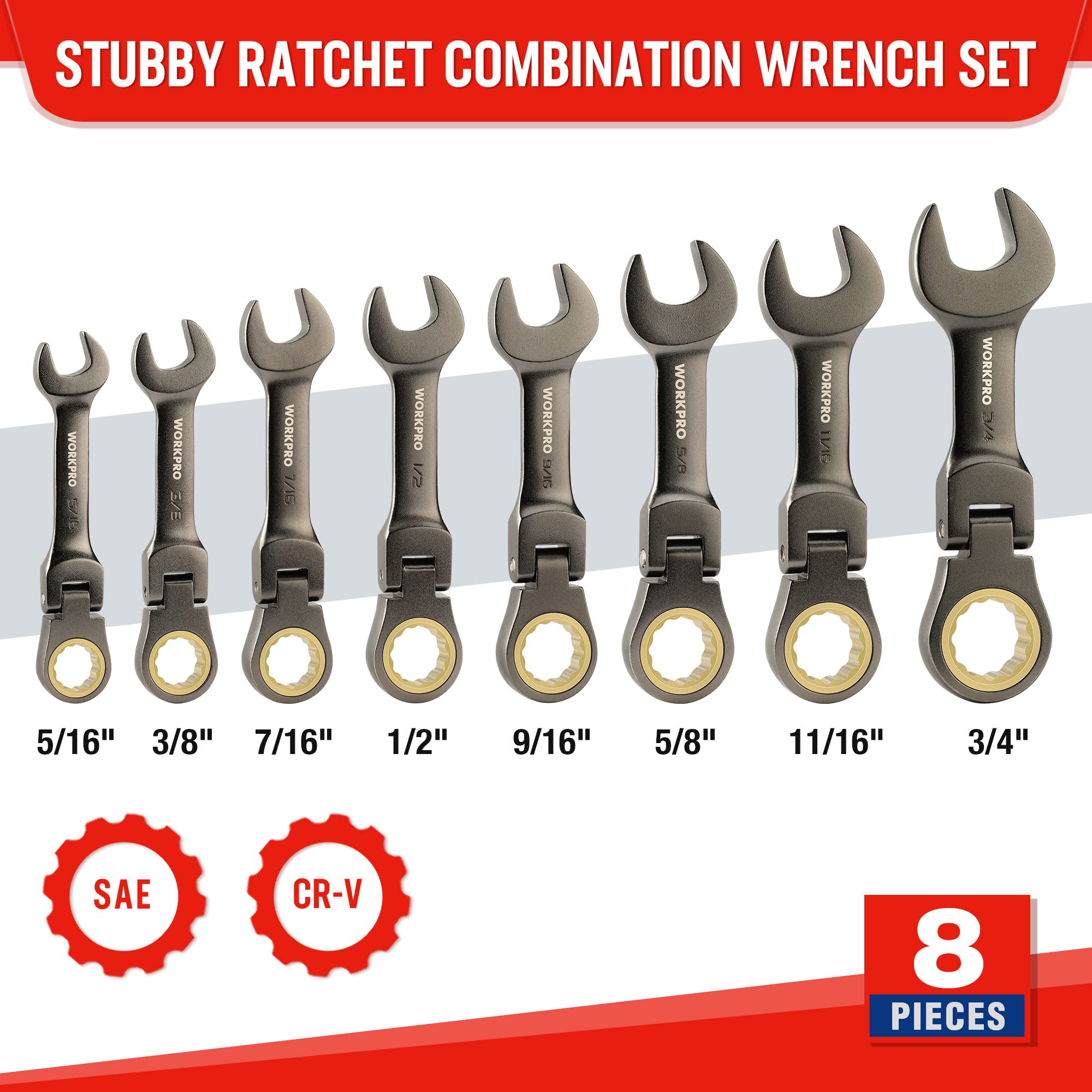 Foto 3 pulgar | Juego De Llaves Workpro Flex Head Stubby Ratcheting 8 Piezas Sae - Venta Internacional.