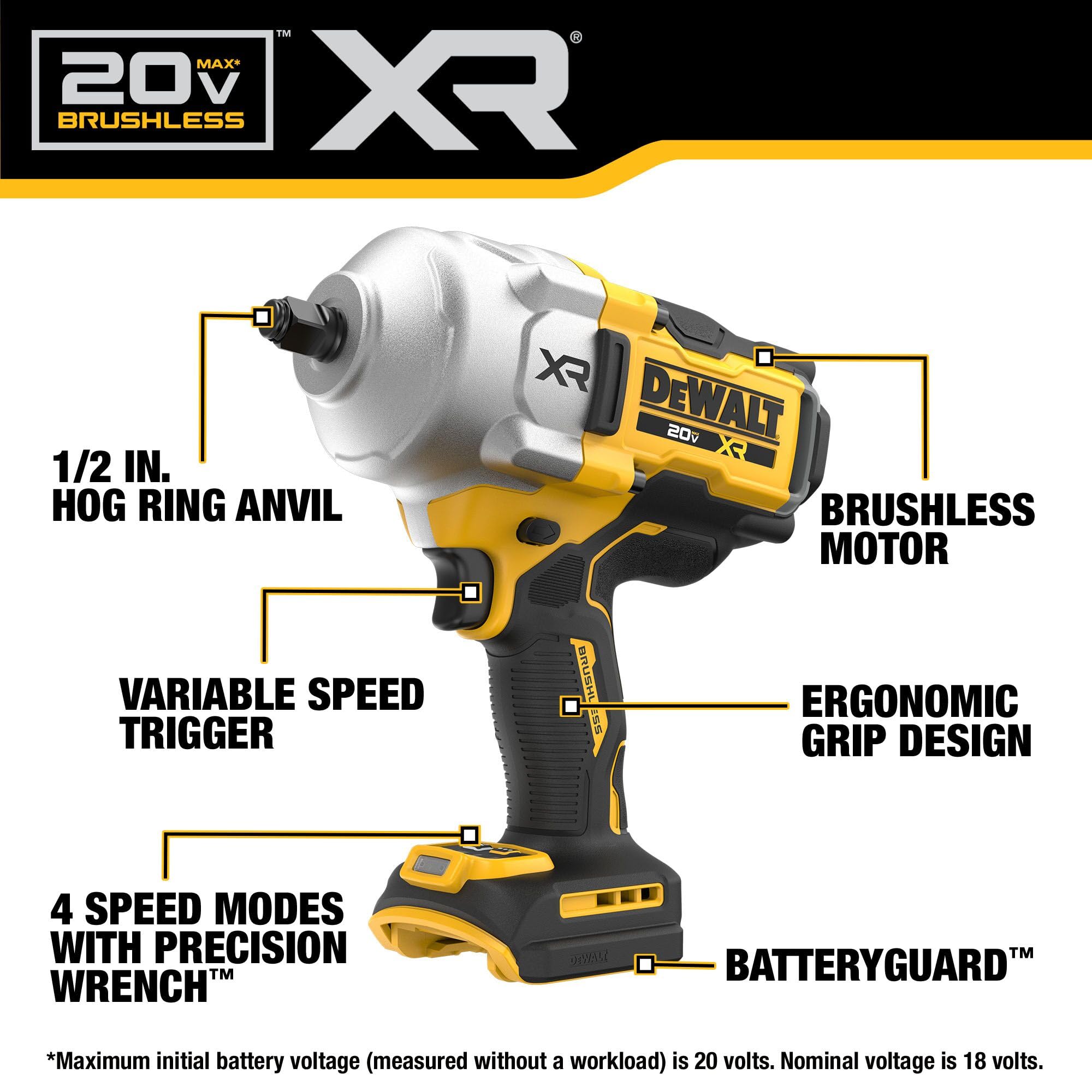 Foto 4 pulgar | Llave De Impacto Inalámbrica Dewalt 20 V Max 1/2 Hog Ring Con Batería - Venta Internacional.