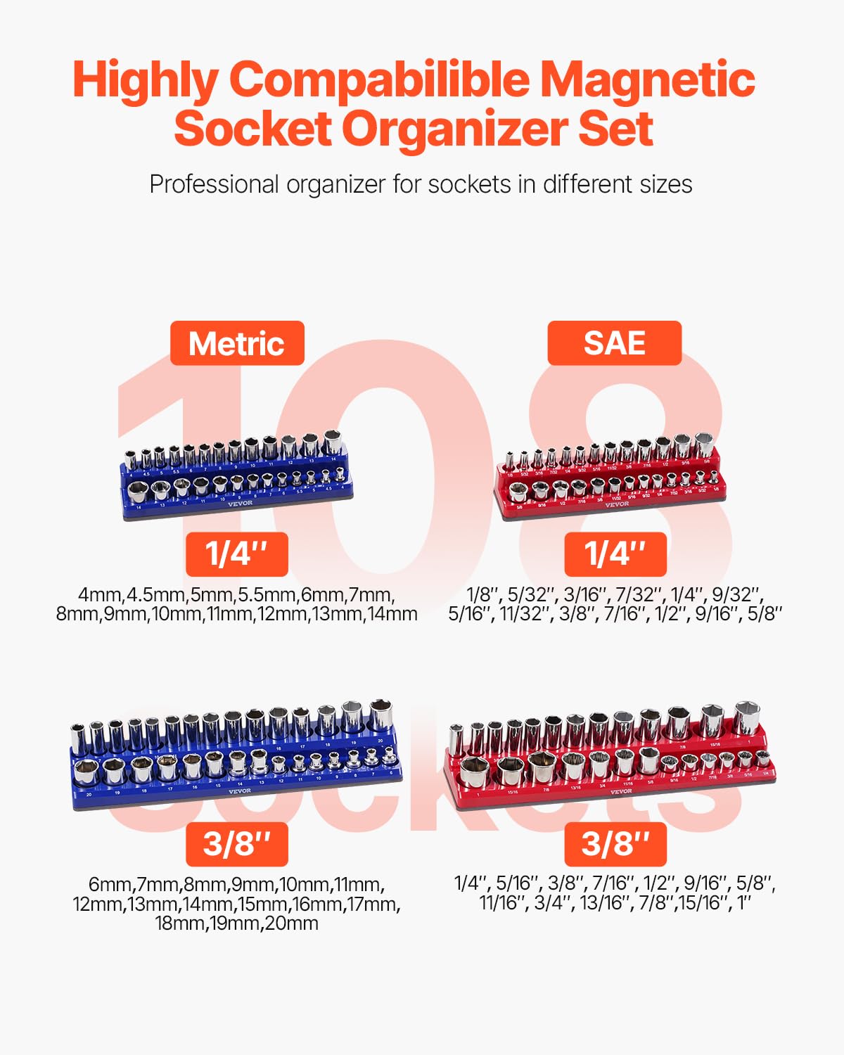 Foto 2 | Set Organizador De Enchufes Magnéticos Vevor, 4 Unidades, 1/4 Y 3/8 Pulgadas, Azul Y Rojo - Venta Internacional.