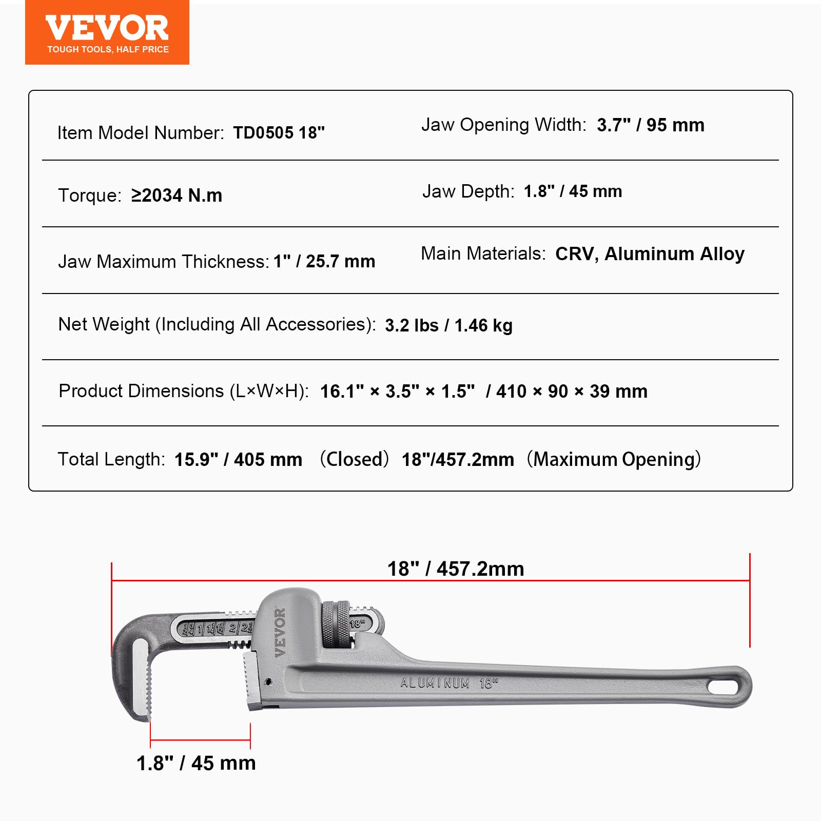 Foto 8 pulgar | Llave De Tubo Vevor 18 De Aluminio, Recta, Ajustable, Para Fontanería - Venta Internacional.