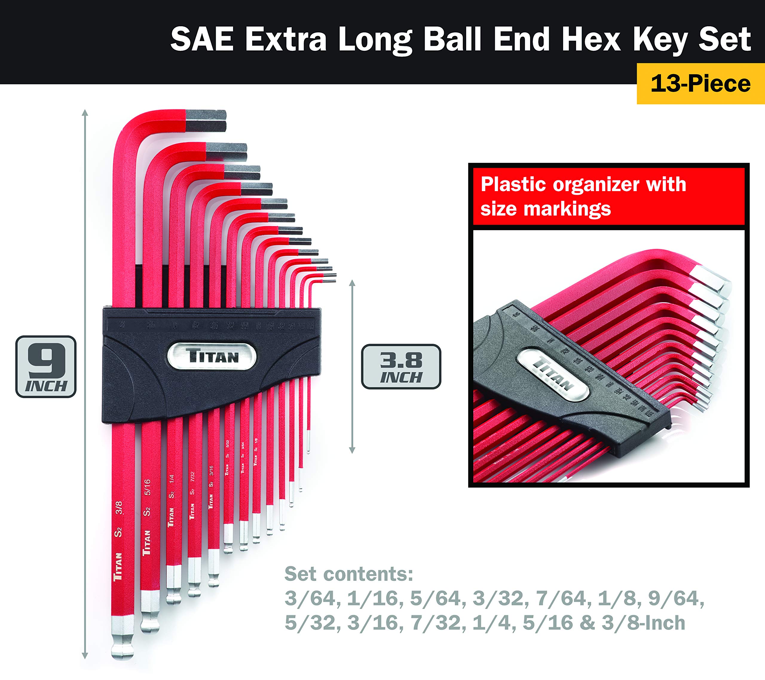 Foto 3 pulgar | Juego De Llaves Hexagonales Titan 12713 Con Brazo Extralargo Con Punta Esférica Sae, 13 Piezas - Venta Internacional.