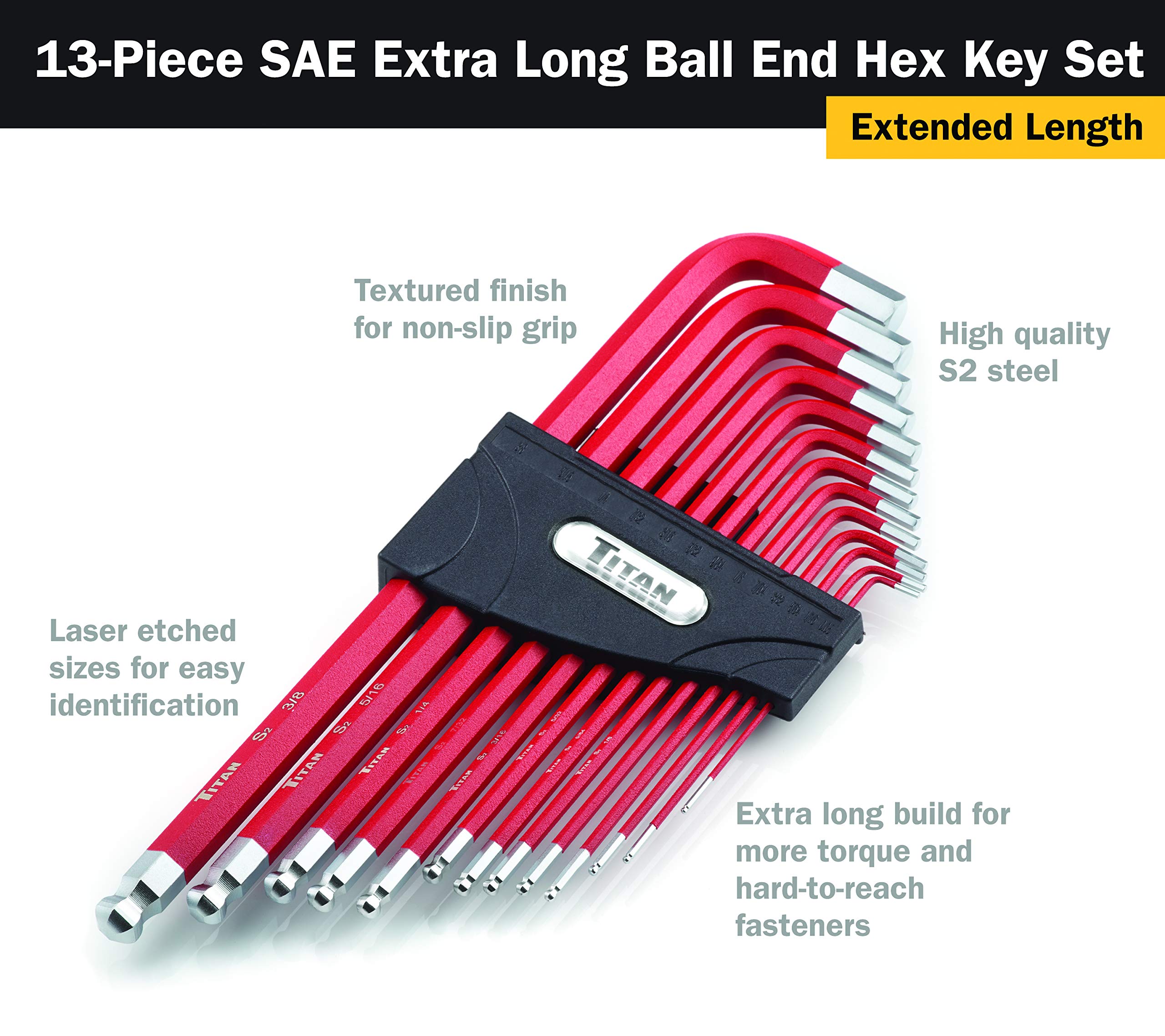 Foto 4 pulgar | Juego De Llaves Hexagonales Titan 12713 Con Brazo Extralargo Con Punta Esférica Sae, 13 Piezas - Venta Internacional.