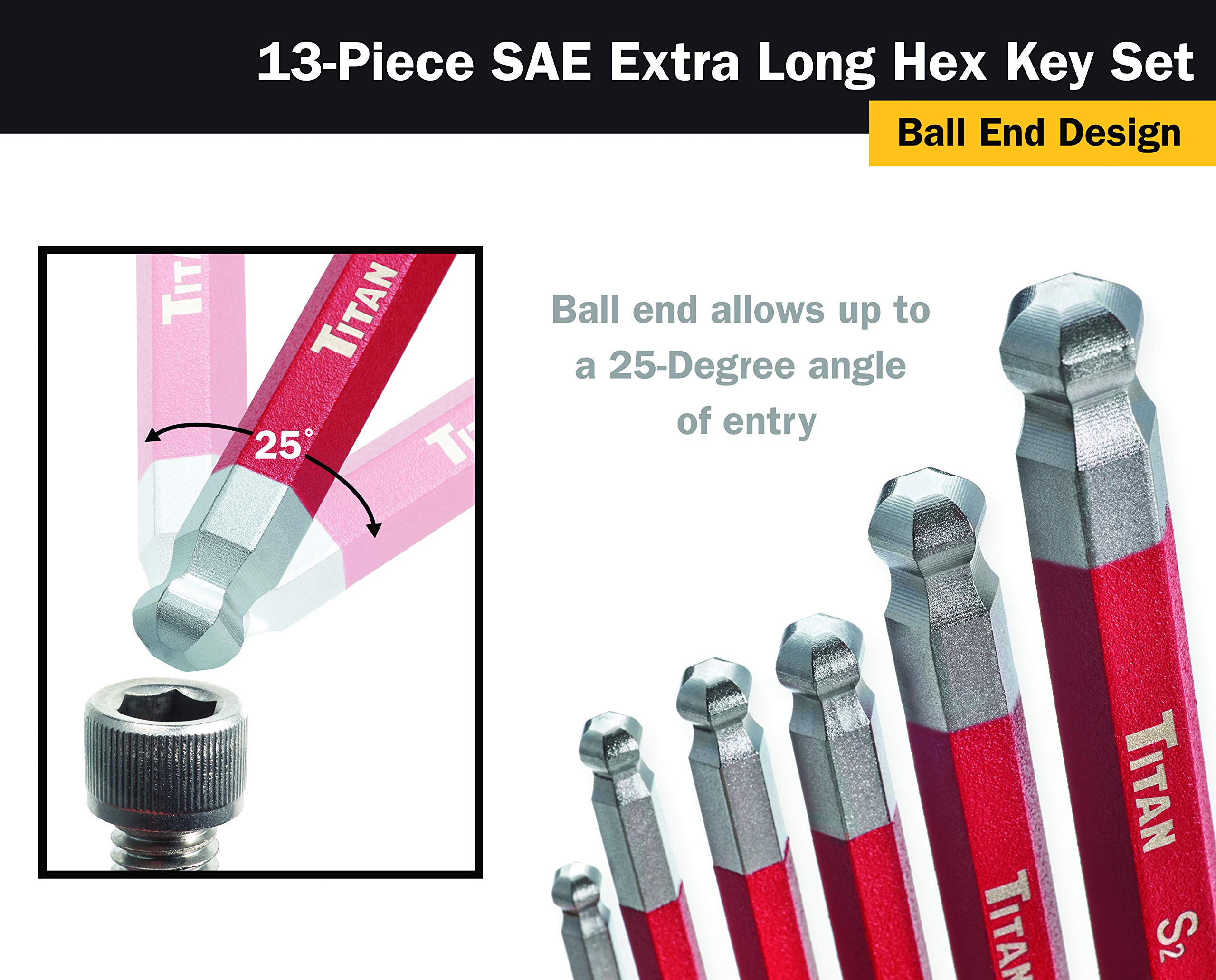 Foto 5 pulgar | Juego De Llaves Hexagonales Titan 12713 Con Brazo Extralargo Con Punta Esférica Sae, 13 Piezas - Venta Internacional.