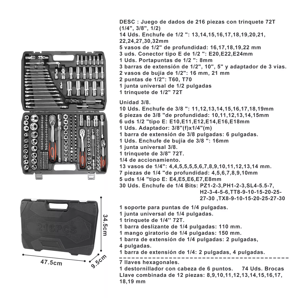 Foto 3 pulgar | Juego De Herramientas Mecánicas Automóvile Con Matraca 216pz Eo Safe Imports Esi-15145 Negro