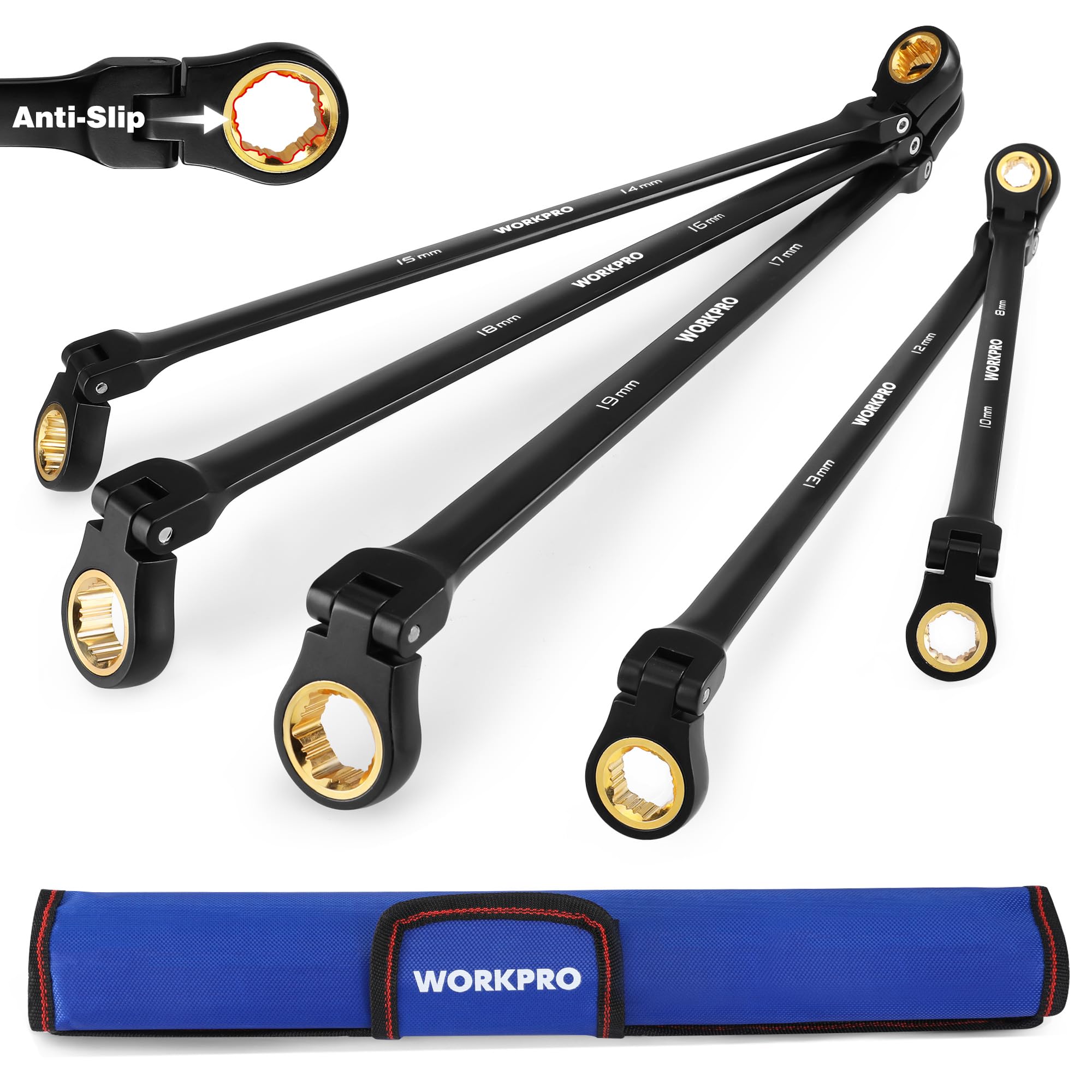 Juego De Llaves Workpro Extralargas Con Cabeza Flexible, 5 Piezas, 8-19 Mm - Venta Internacional.