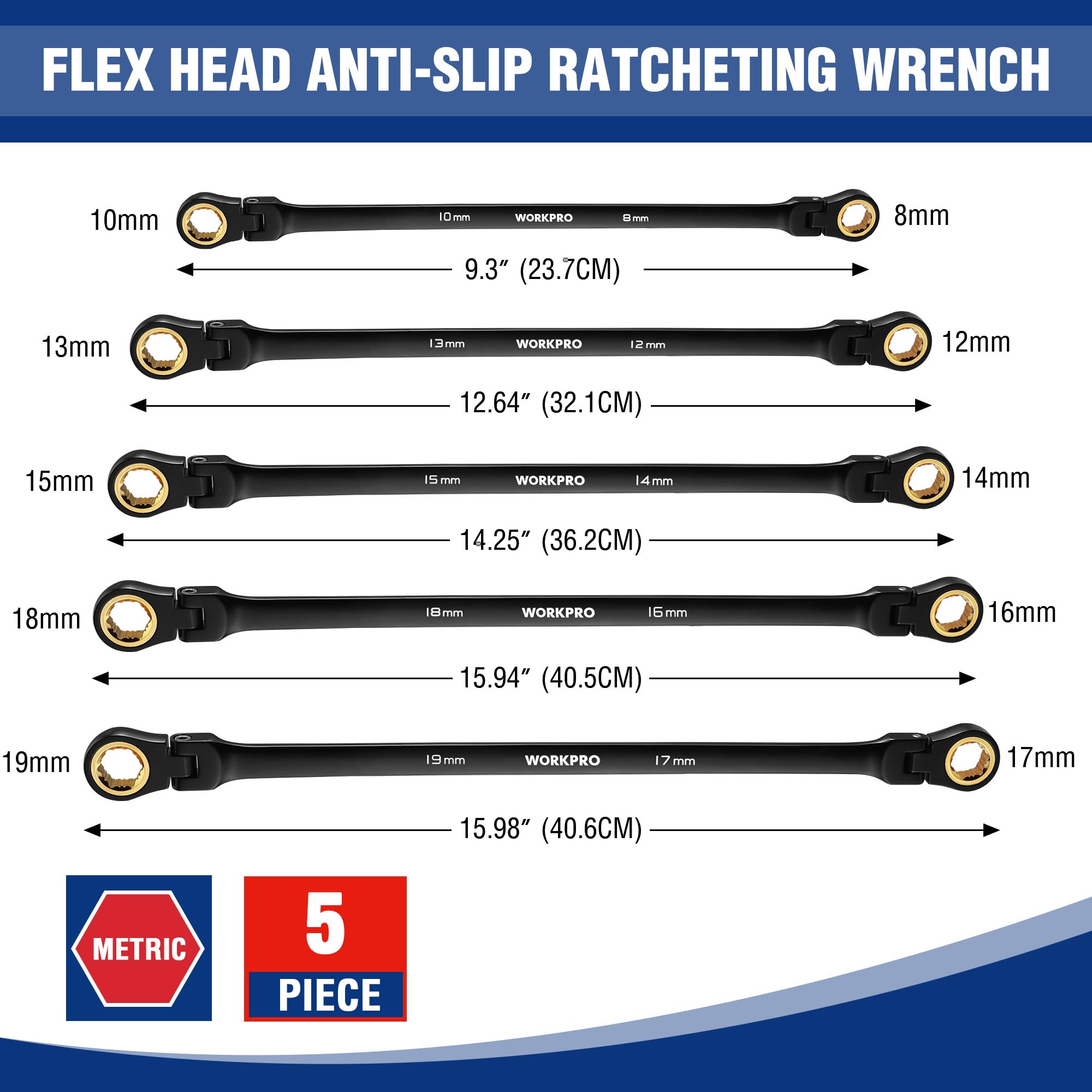 Foto 5 pulgar | Juego De Llaves Workpro Extralargas Con Cabeza Flexible, 5 Piezas, 8-19 Mm - Venta Internacional.