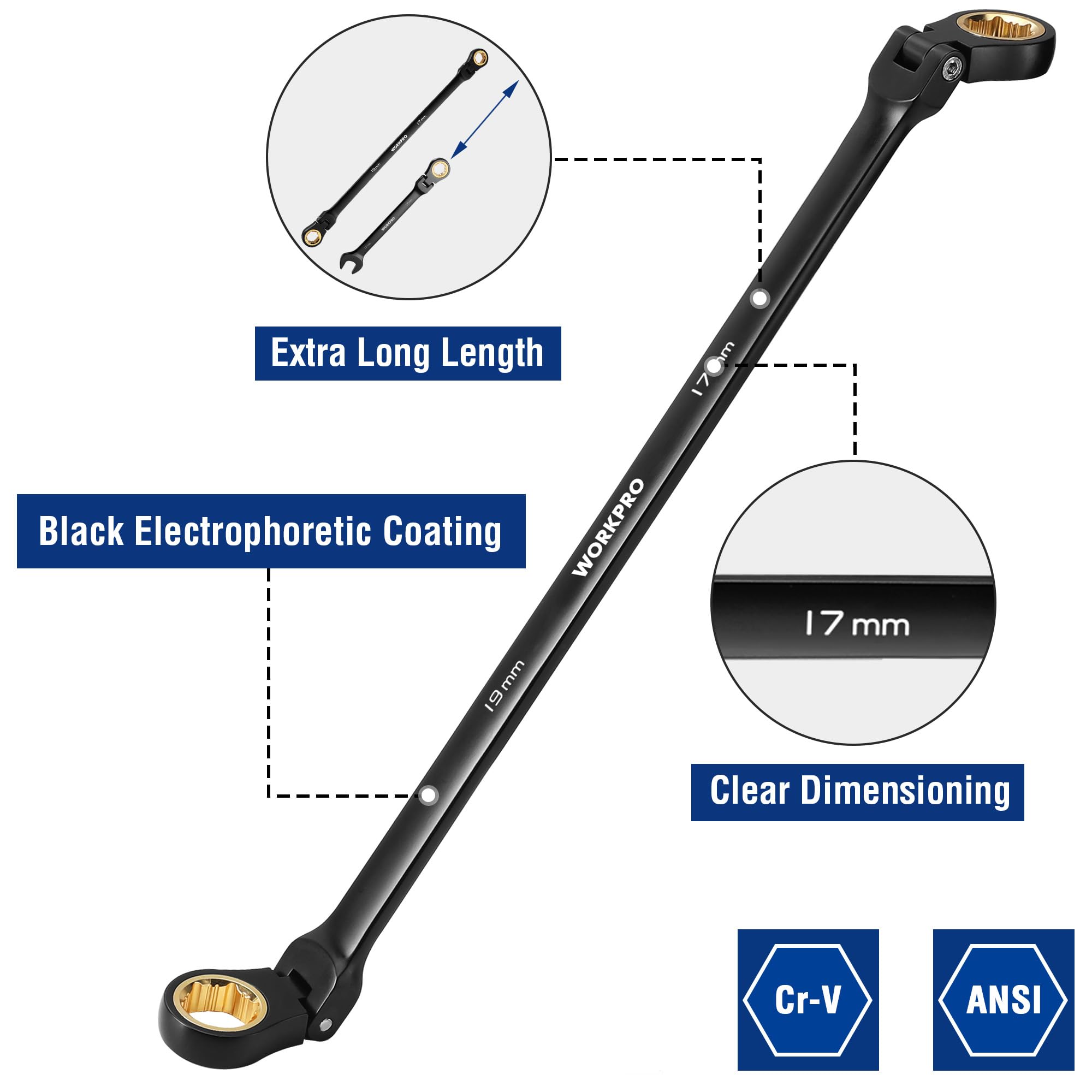 Foto 6 pulgar | Juego De Llaves Workpro Extralargas Con Cabeza Flexible, 5 Piezas, 8-19 Mm - Venta Internacional.