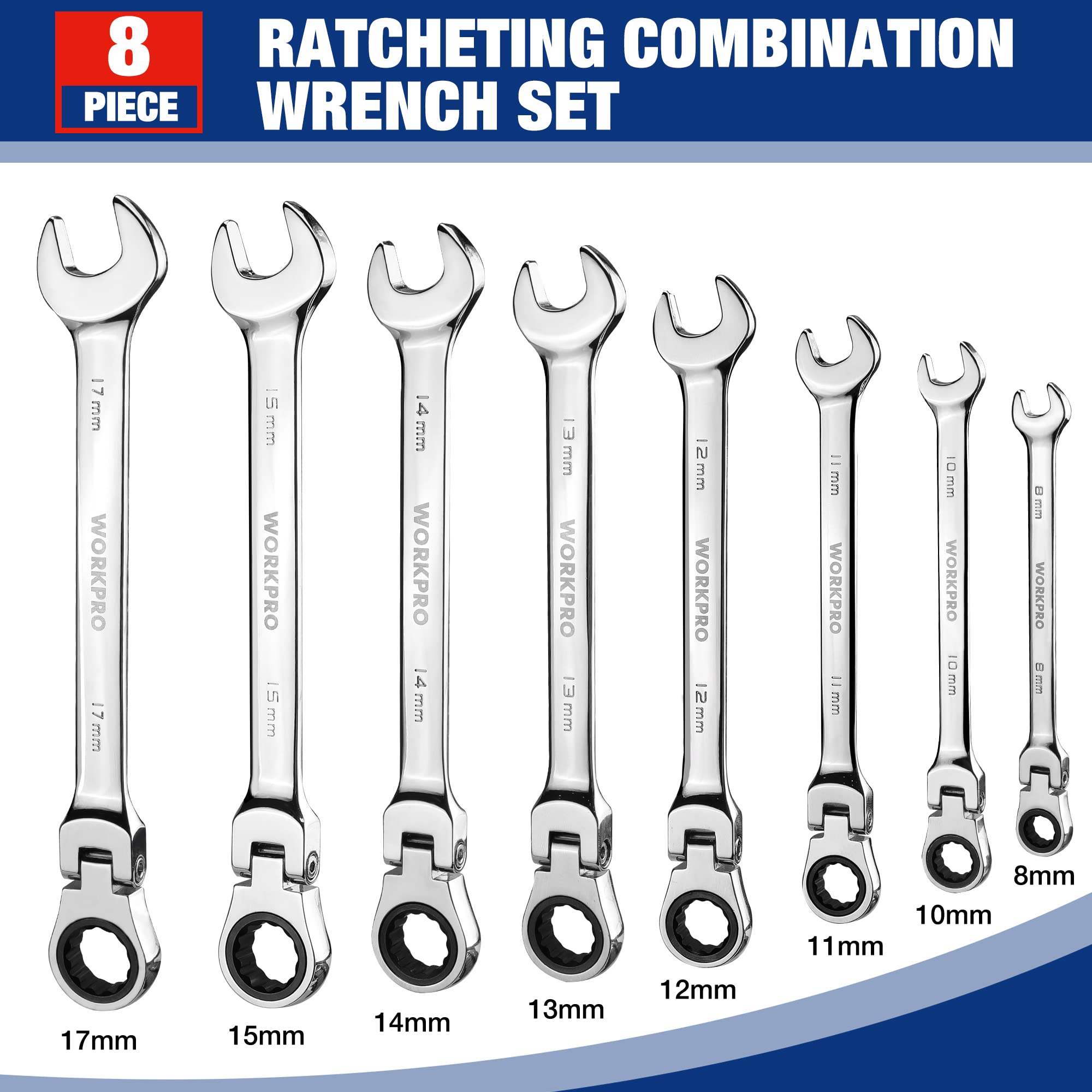 Foto 5 pulgar | Juego De Llaves Workpro Flex-head Tratcheting, 8 Piezas Métricas, 8-17 Mm - Venta Internacional.