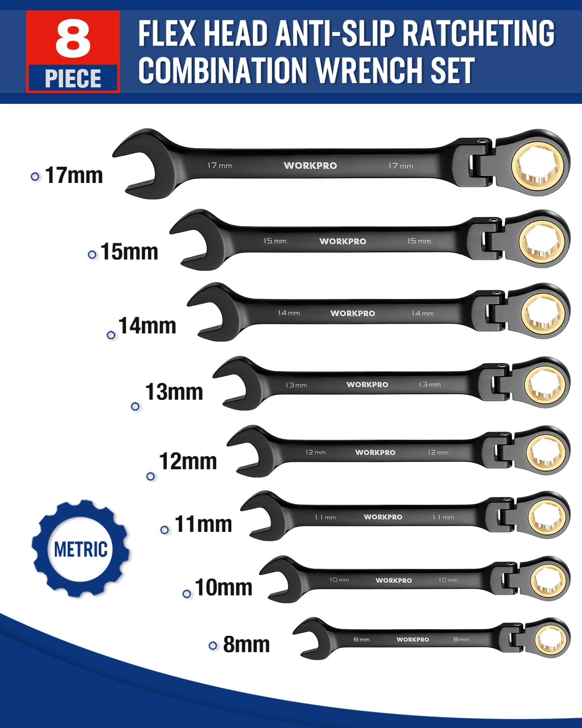 Foto 6 pulgar | Juego De Llaves Combinadas Con Trinquete Workpro, 8 Piezas, 8-17 Mm - Venta Internacional.