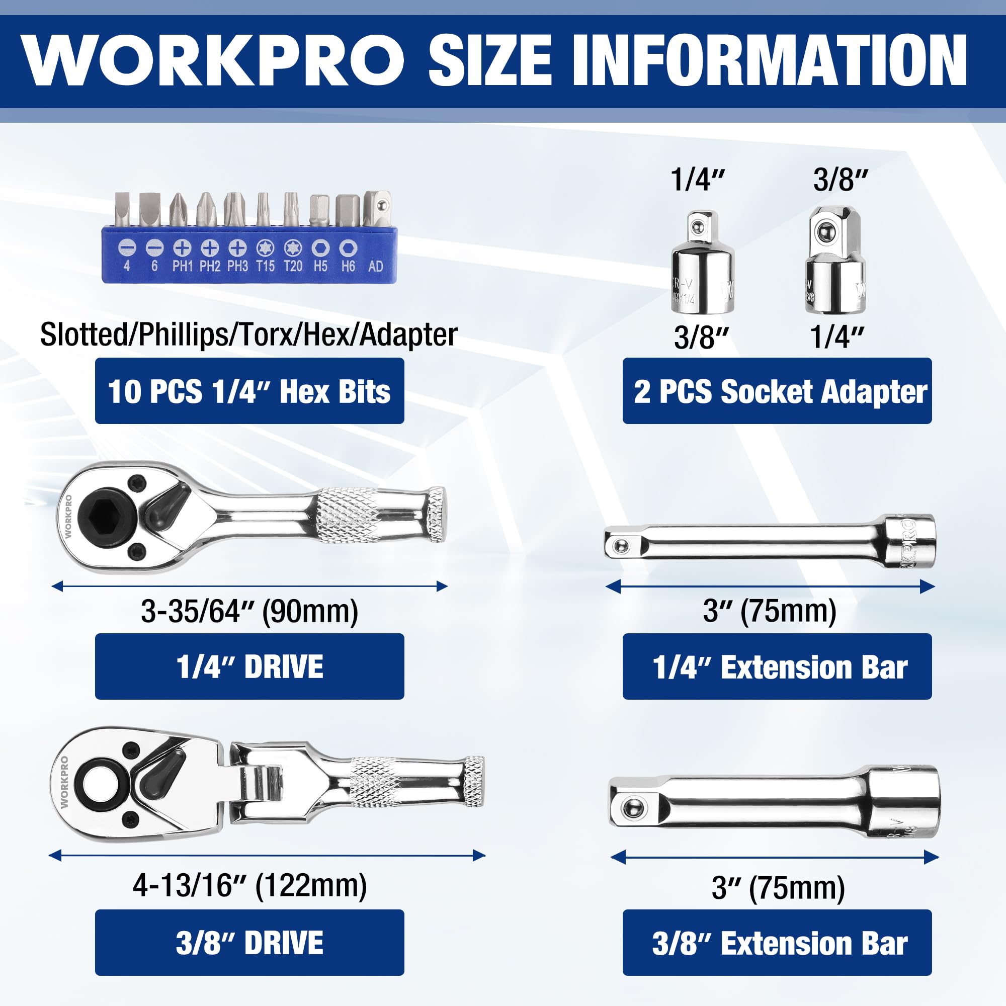 Foto 7 pulgar | Juego De Destornilladores Para Trinquetes Y Brocas Workpro Flex Head Stubby, 16 Unidades - Venta Internacional.