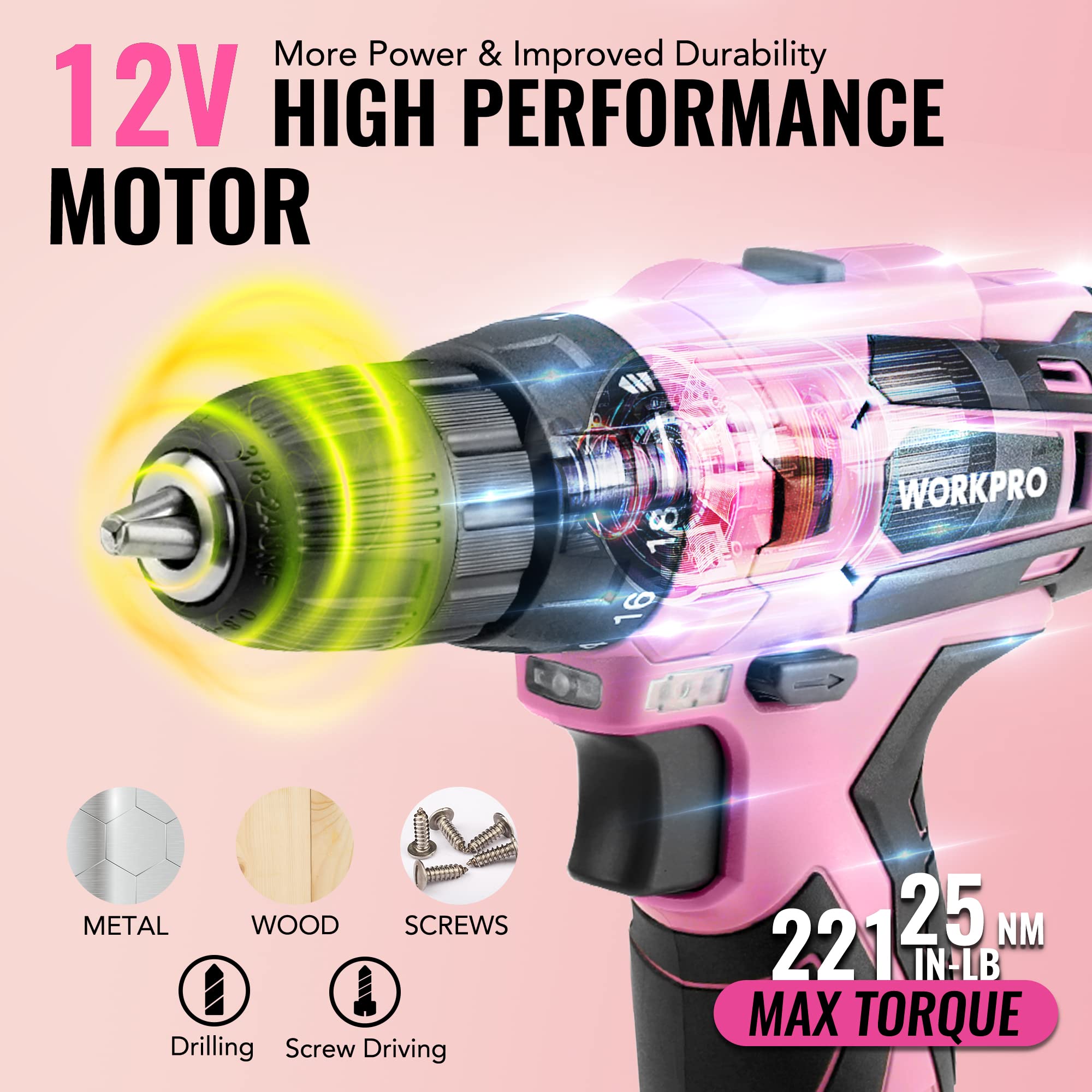 Foto 5 pulgar | Juego De Herramientas Workpro Pink Con Taladro Eléctrico, 108 Piezas, Con Caja De Herramientas - Venta Internacional.