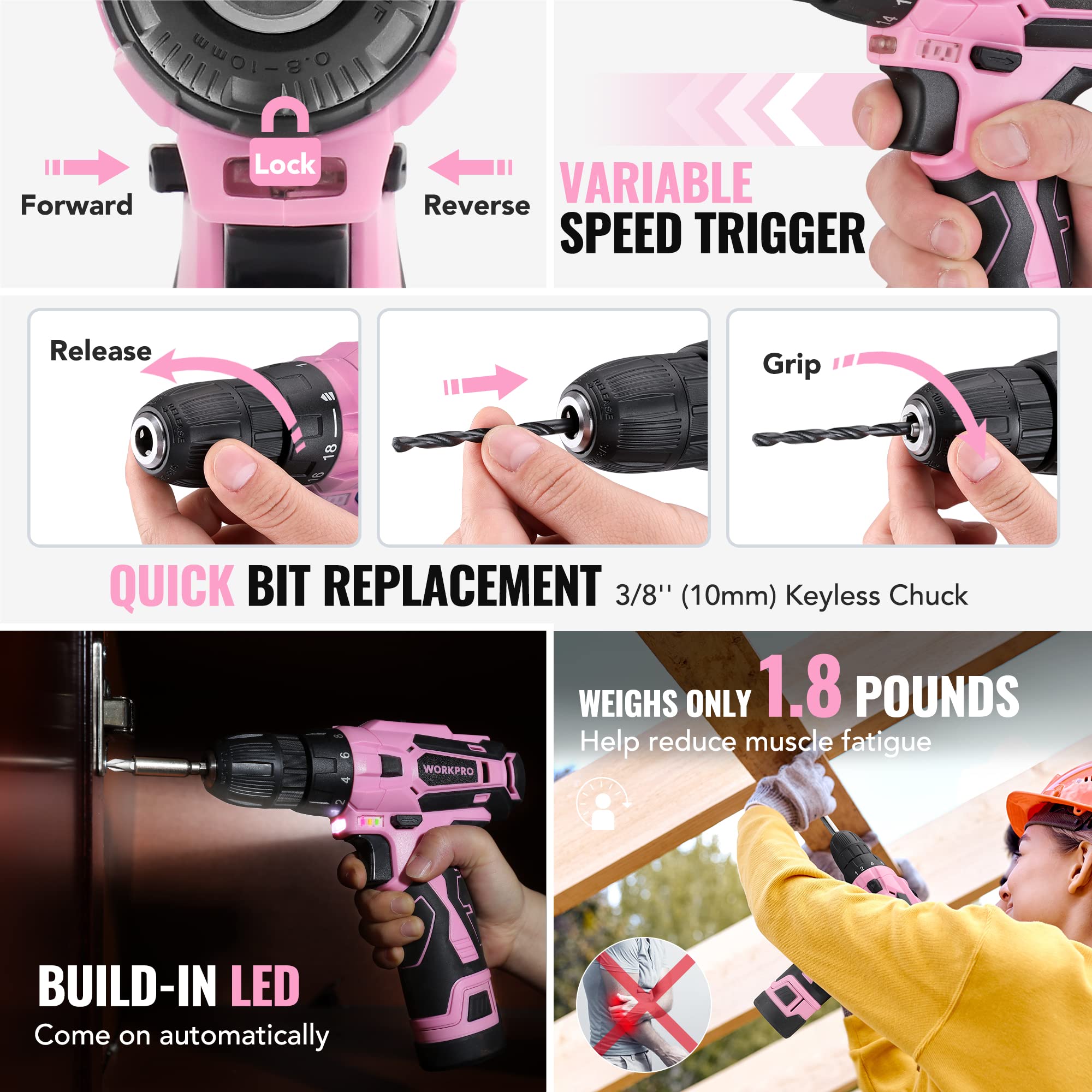 Foto 6 pulgar | Juego De Herramientas Workpro Pink Con Taladro Eléctrico, 108 Piezas, Con Caja De Herramientas - Venta Internacional.