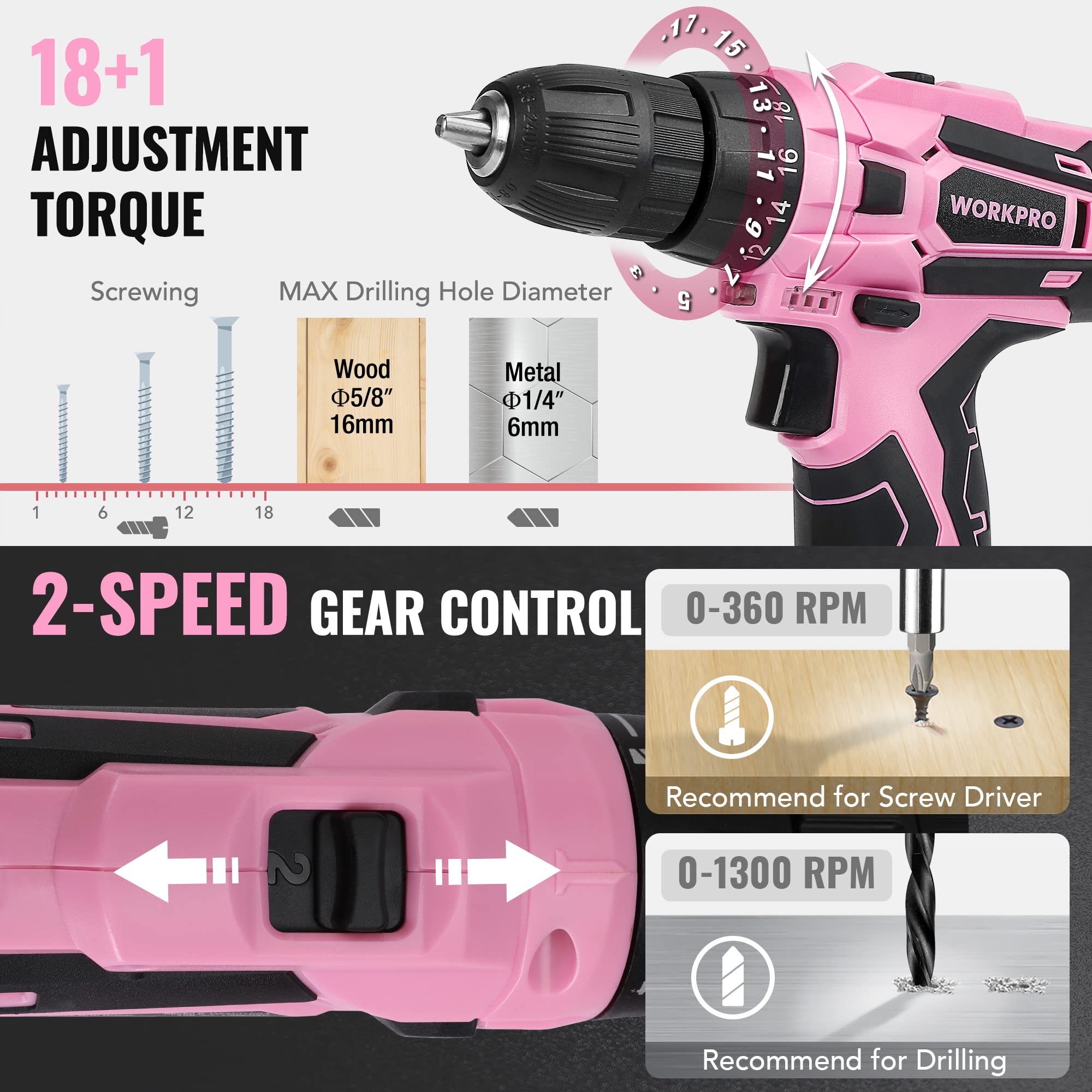 Foto 6 | Juego De Herramientas Workpro Pink Con Taladro Eléctrico, 108 Piezas, Con Caja De Herramientas - Venta Internacional.