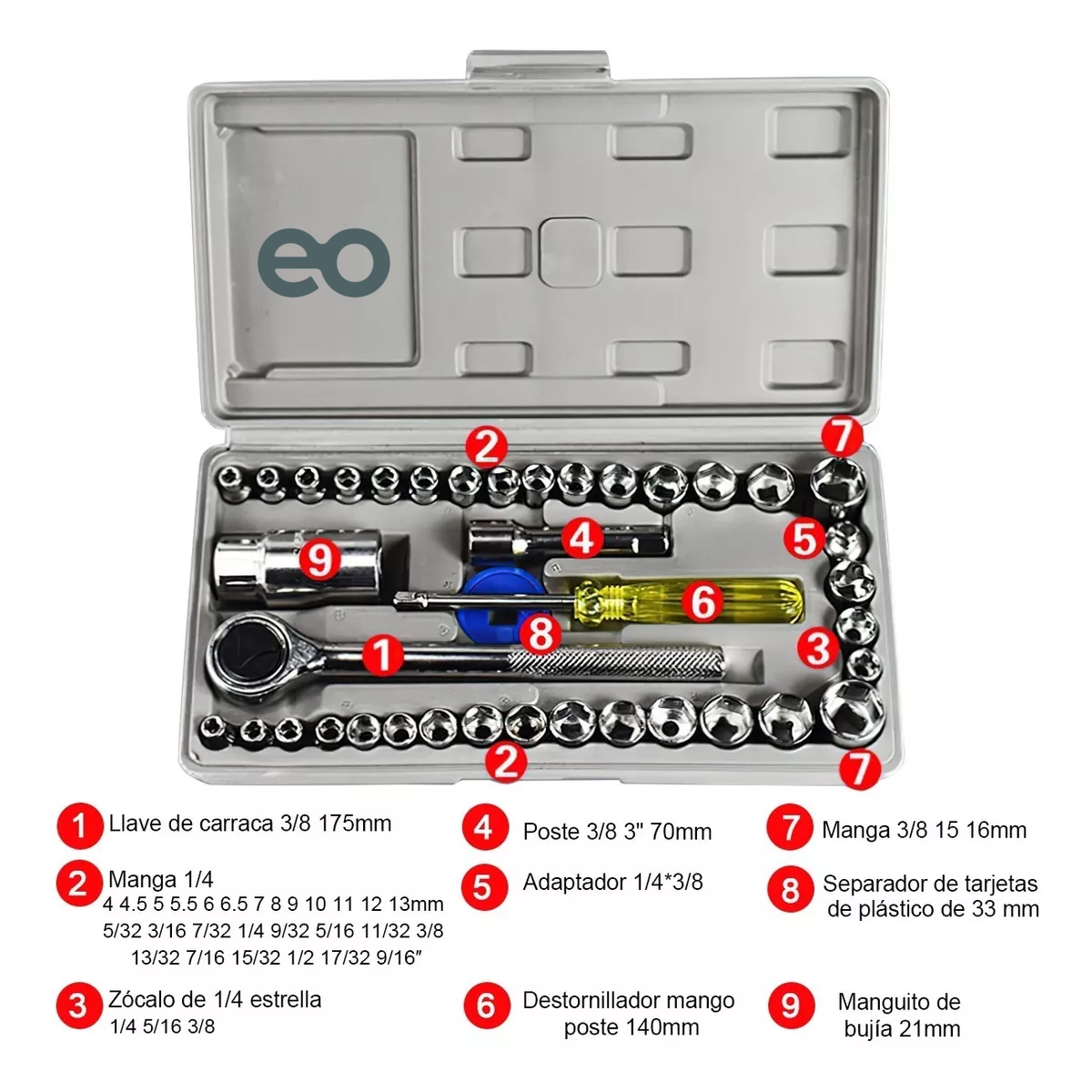 Foto 3 pulgar | Juego De Herramientas Mecanica Dados Acero 40 Pcs Moto/auto Eo Safe Imports Esi-4227 Plata