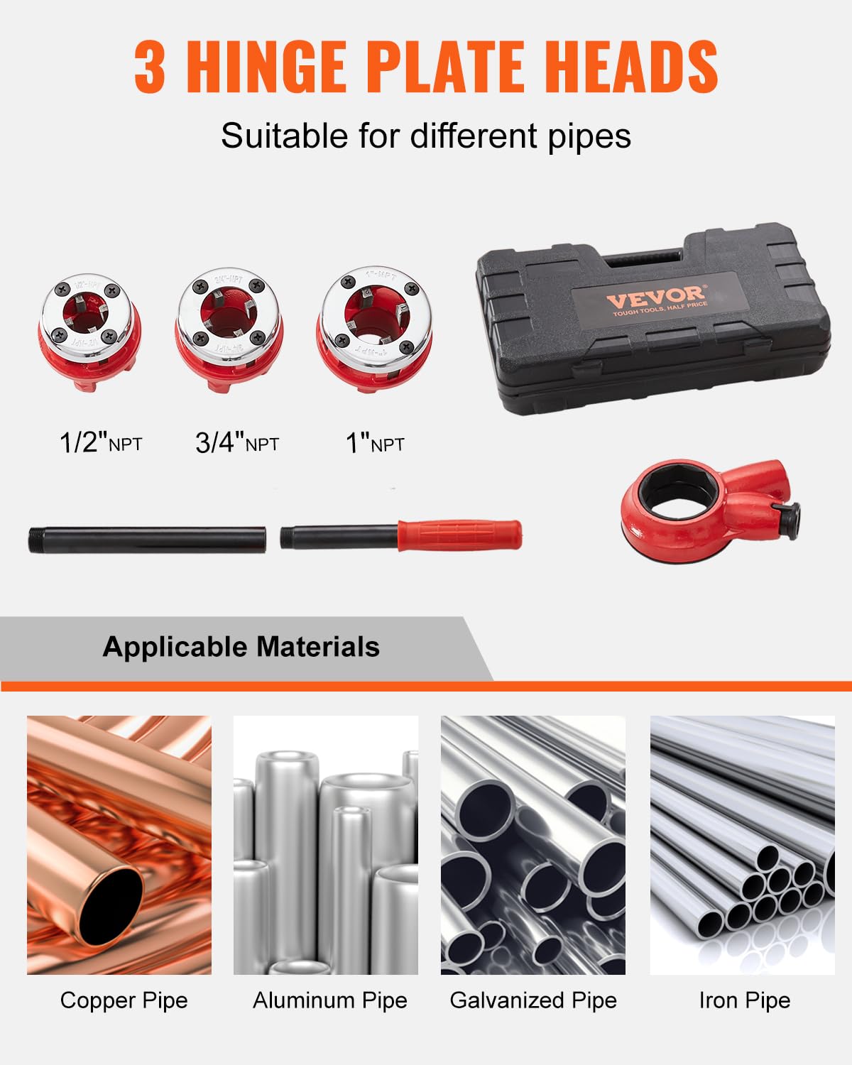 Foto 2 | Kit Enhebrador De Tubos Con Trinquete Vevor Con 3 Troqueles 1/2, 3/4, 1 Npt - Venta Internacional.