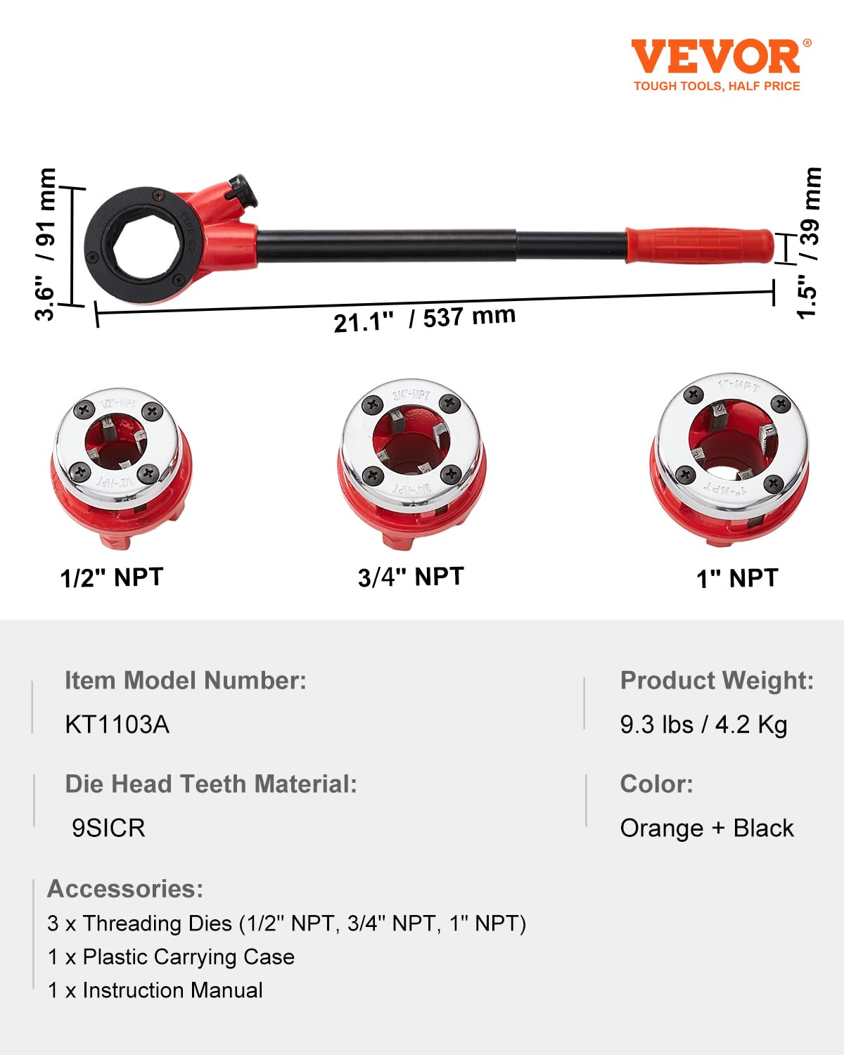 Foto 7 | Kit Enhebrador De Tubos Con Trinquete Vevor Con 3 Troqueles 1/2, 3/4, 1 Npt - Venta Internacional.