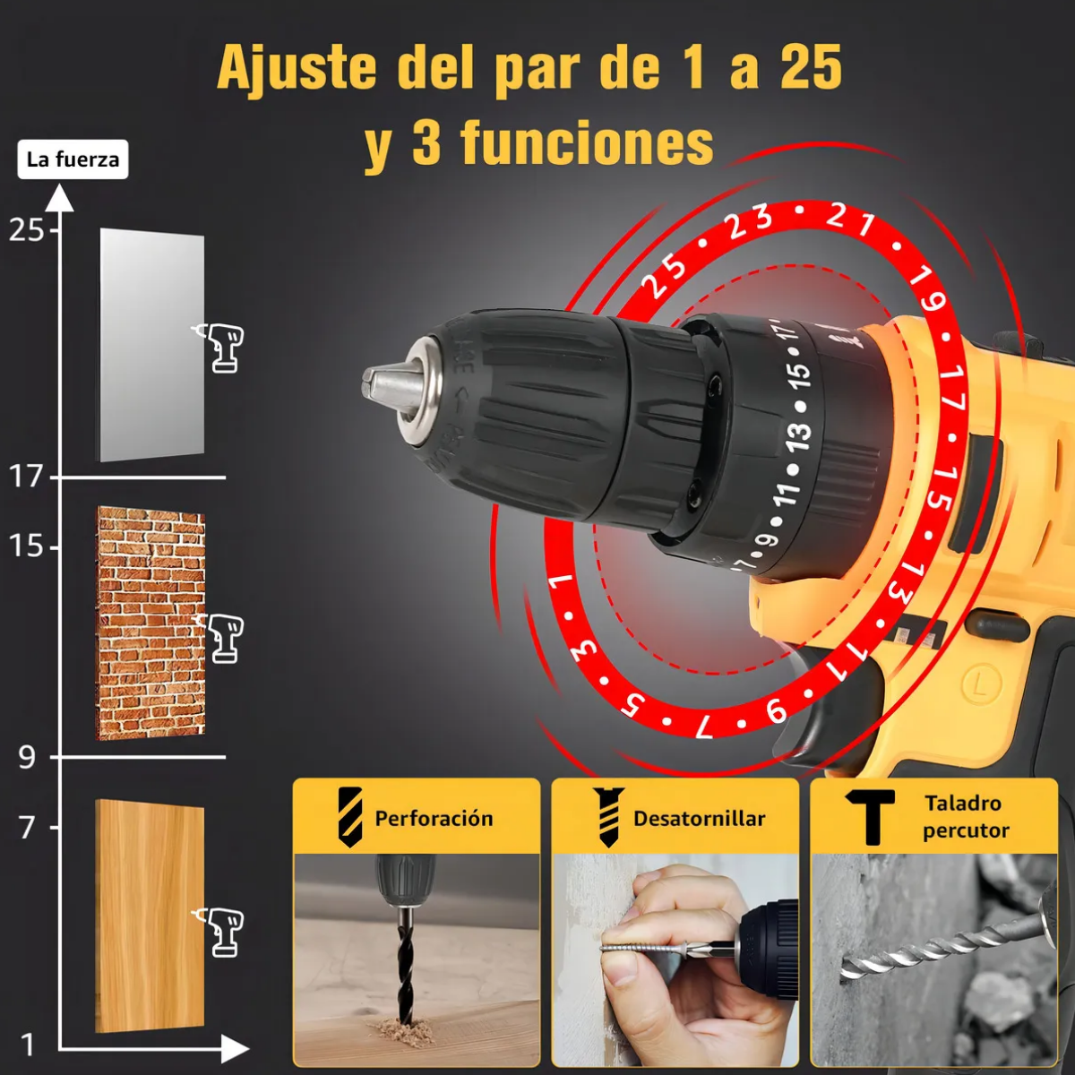 Foto 4 pulgar | Kit Taladro Inalámbricos Desatornillardor Electrico Eo Safe Imports Esi-18712 Amarillo