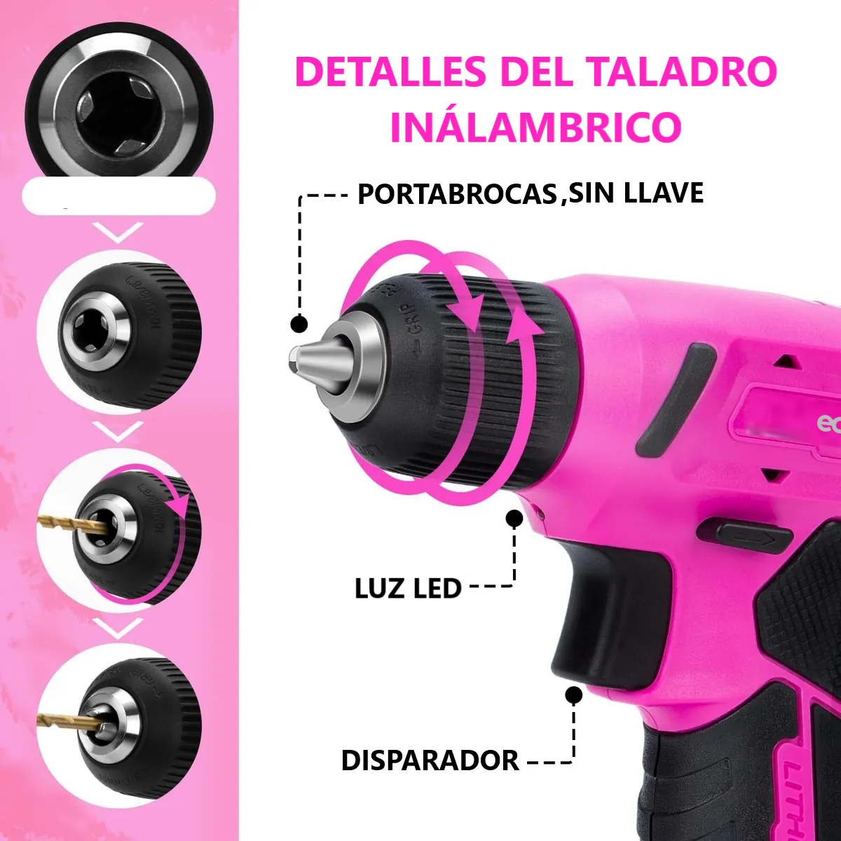 Foto 4 pulgar | Taladro Electrico Inalambrico 64 Piezas Eo Safe Imports Esi-18713 Rosa