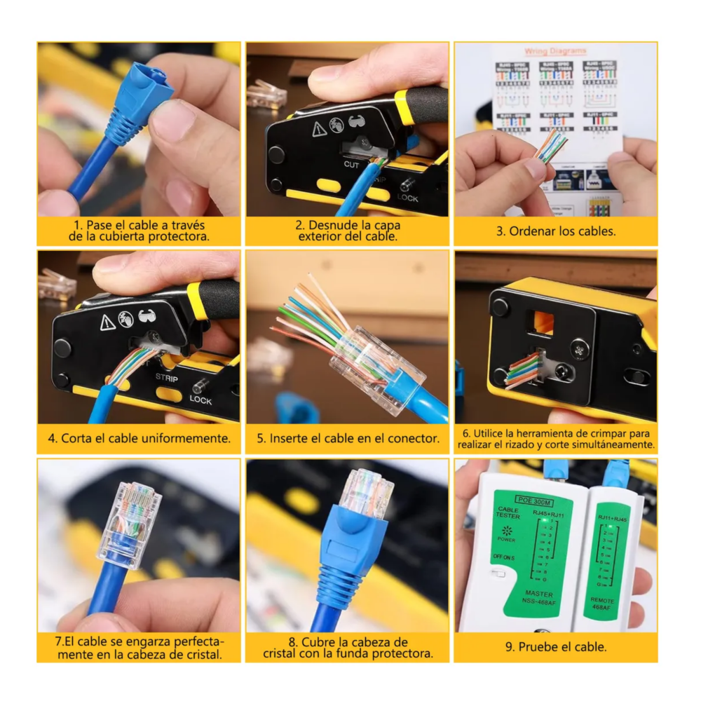 Foto 4 pulgar | Kit De Pinzas Ponchadora De Cable Lab.g  Crimpadora Rj45 Cat5/6 Negro Amarillo