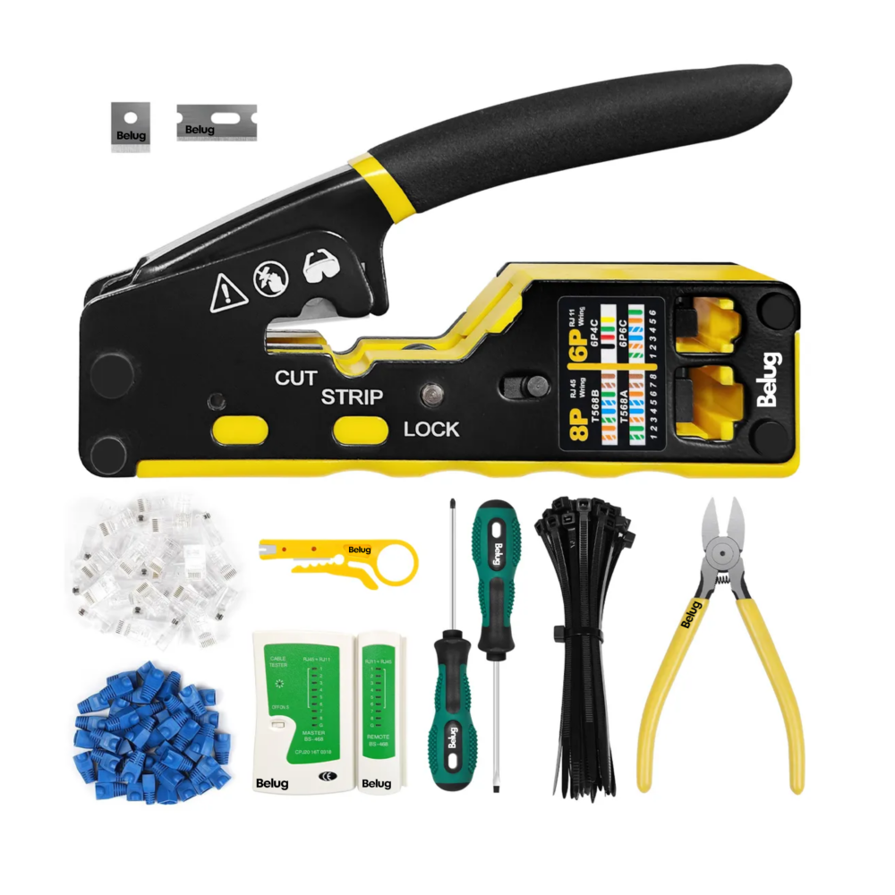 Foto 1 | Kit De Pinzas Ponchadora De Cable Belug Crimpadora Rj45 Cat5/6 Negro Amarillo