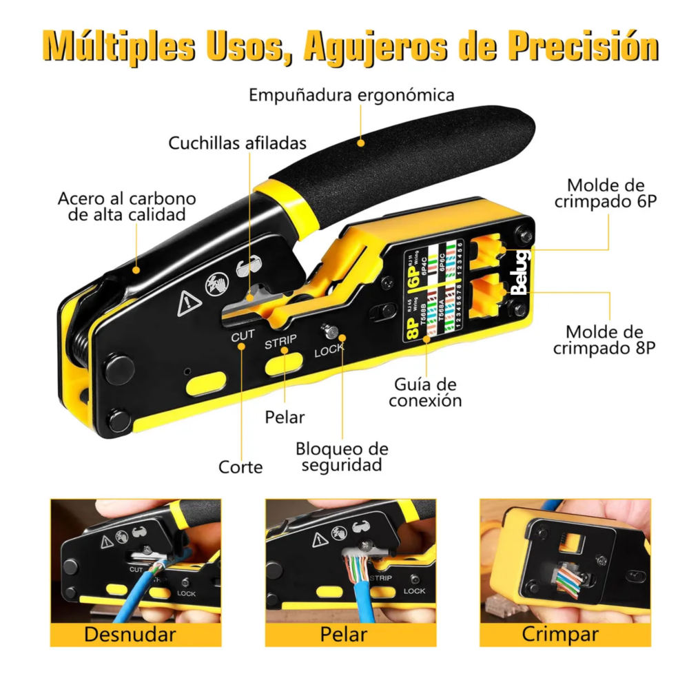Foto 3 pulgar | Kit De Pinzas Ponchadora De Cable Belug Crimpadora Rj45 Cat5/6 Negro Amarillo