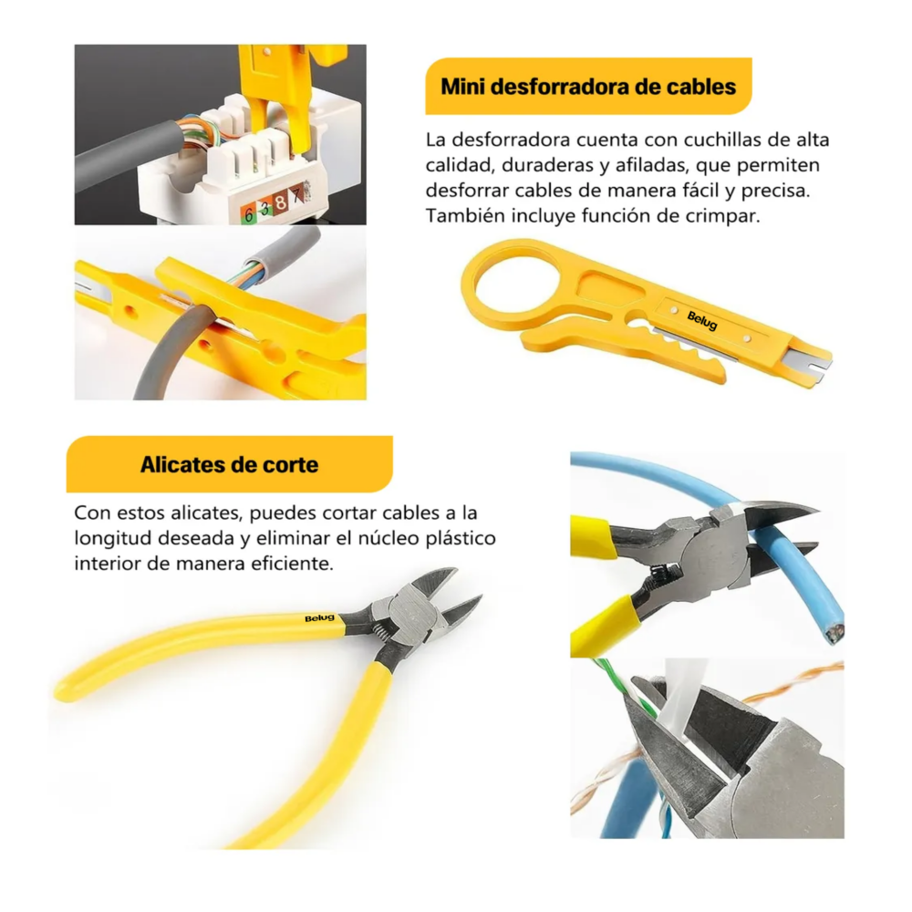 Foto 5 | Kit De Pinzas Ponchadora De Cable Belug Crimpadora Rj45 Cat5/6 Negro Amarillo