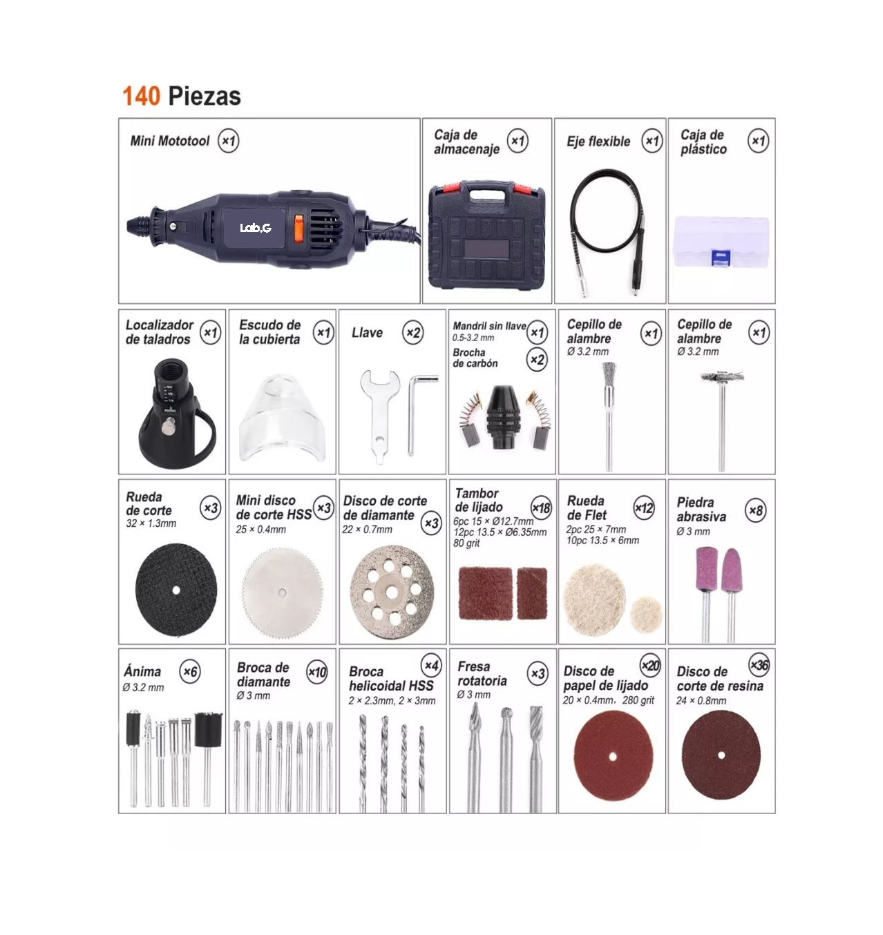 Foto 4 pulgar | Mototool Electrico Lab.g Herramientas Con 140 Accesorios Pro Negro