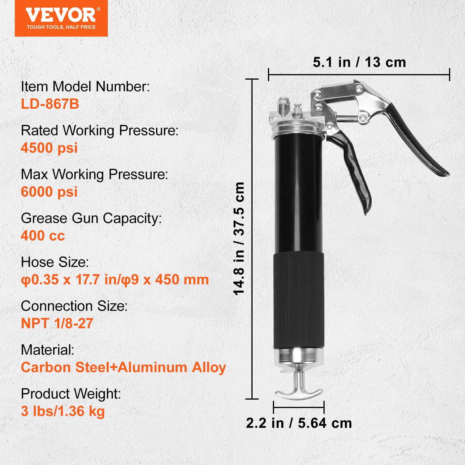 Foto 8 pulgar | Grease Gun Vevor 6000 Psi, Empuñadura De Pistola De Alta Resistencia, 400 Ml - Venta Internacional.