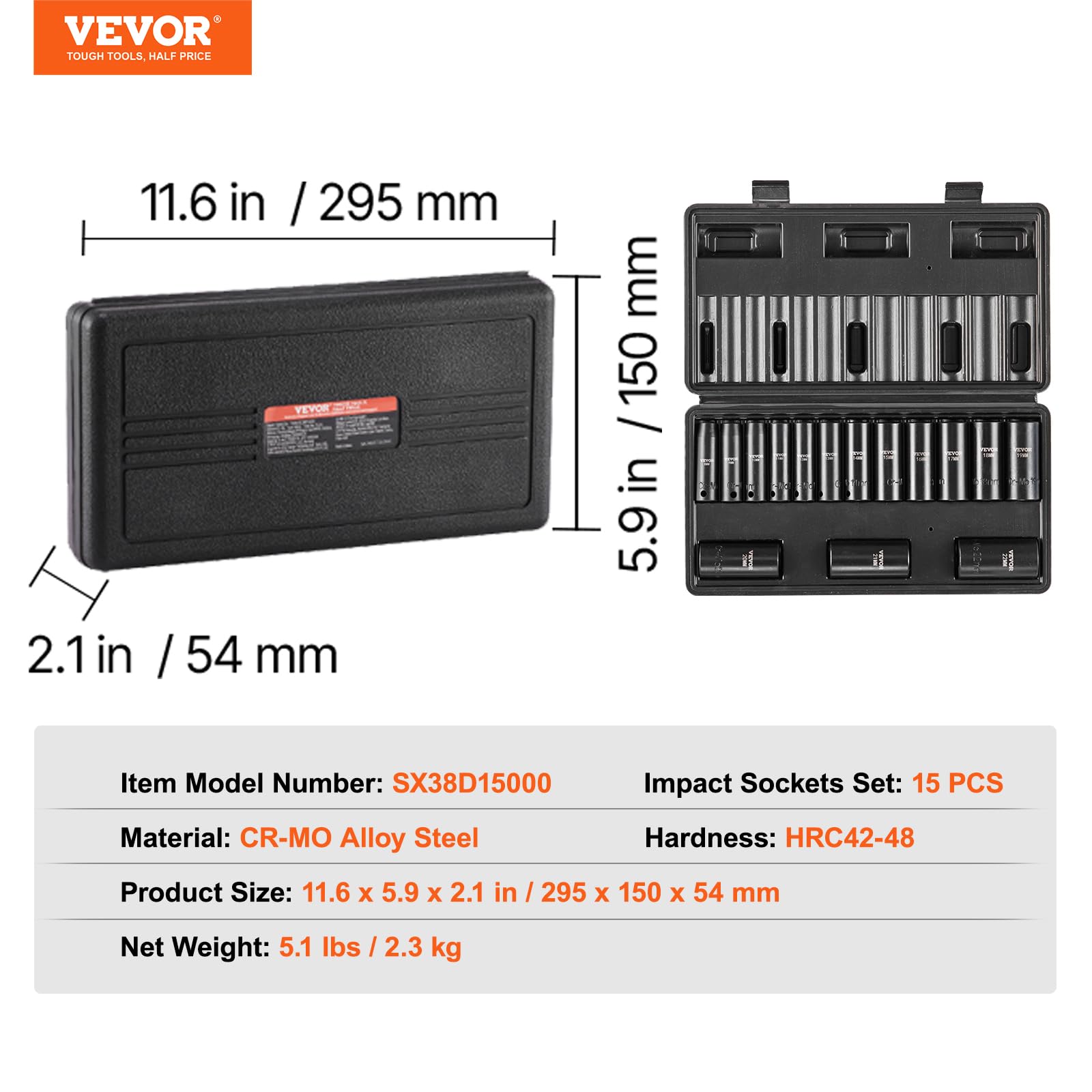 Foto 7 | Juego De Enchufes De Impacto Vevor 3/8 Drive, 15 Piezas Métricas, 8-22 Mm - Venta Internacional.