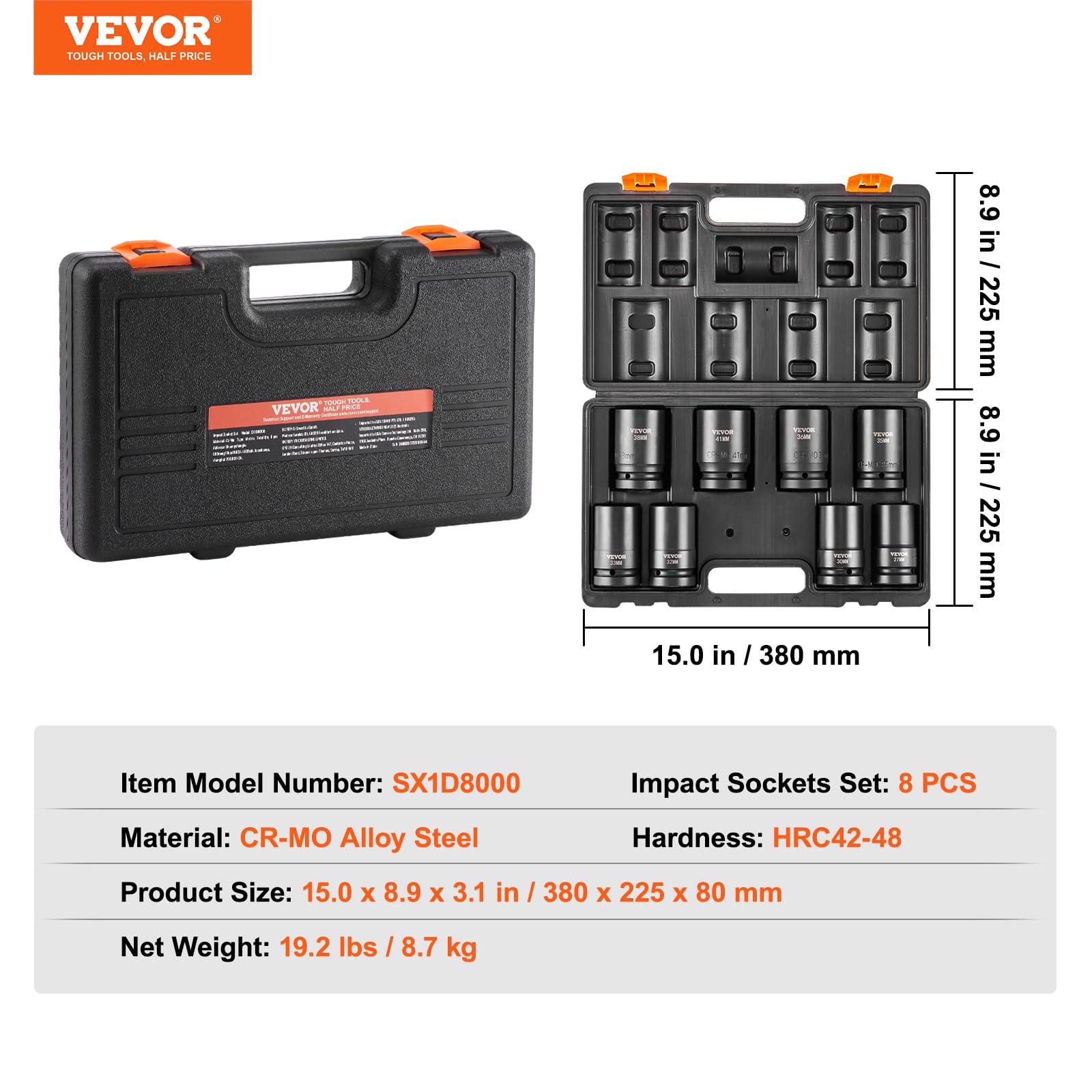Foto 4 | Juego De Enchufes De Impacto Vevor 1 Drive, 8 Piezas De Profundidad, 27-41 Mm, Métricos - Venta Internacional.