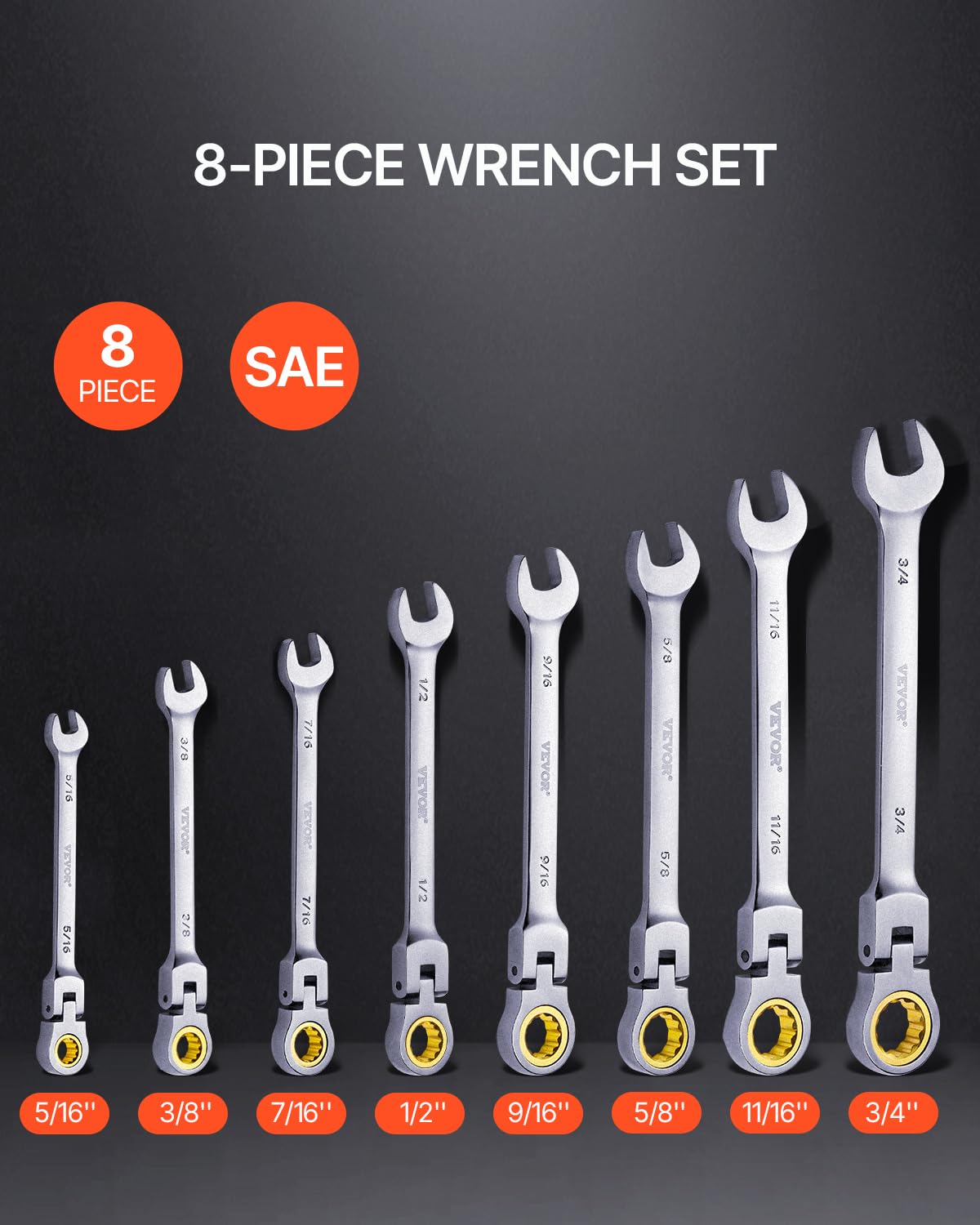 Foto 2 | Juego De Llaves Vevor Flex-head Ratcheting De 8 Piezas Sae 5/16 A 3/ - Venta Internacional.