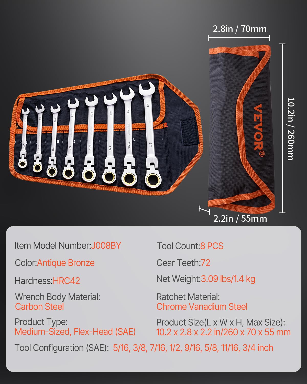 Foto 7 | Juego De Llaves Vevor Flex-head Ratcheting De 8 Piezas Sae 5/16 A 3/ - Venta Internacional.