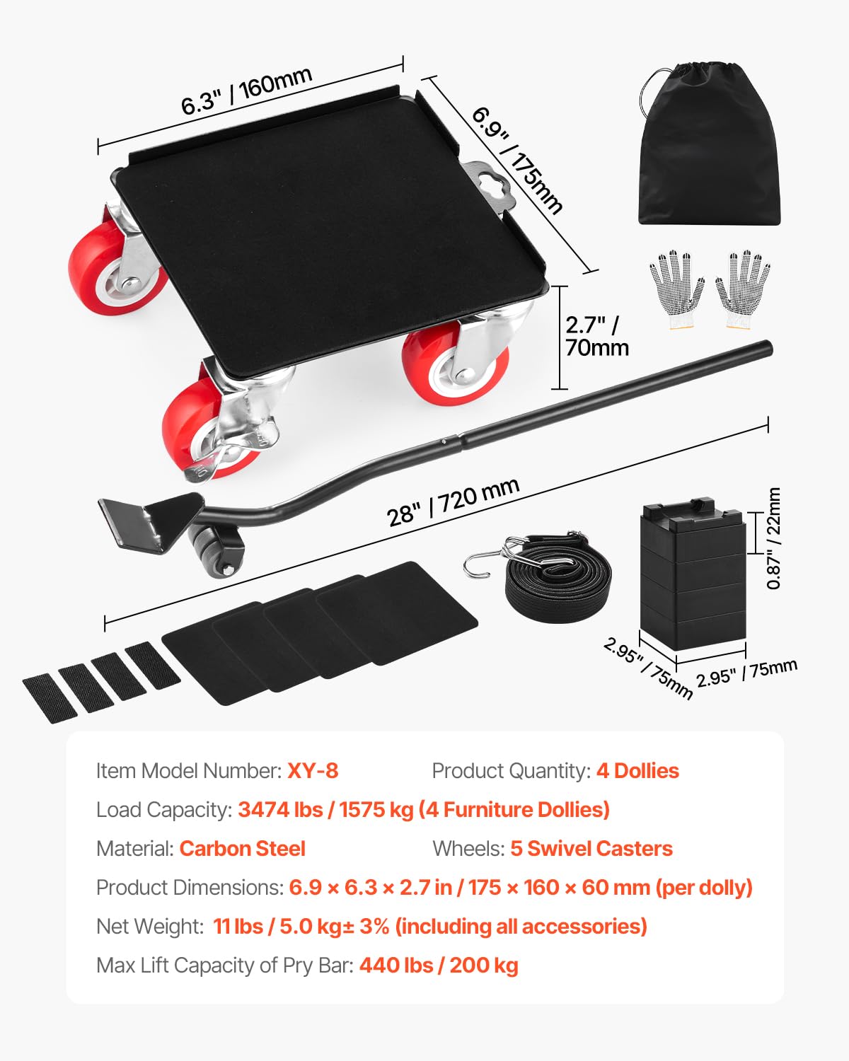 Foto 8 pulgar | Furniture Dolly Vevor, Carga Máxima De 1575 Kg Con 5 Ruedas - Venta Internacional.