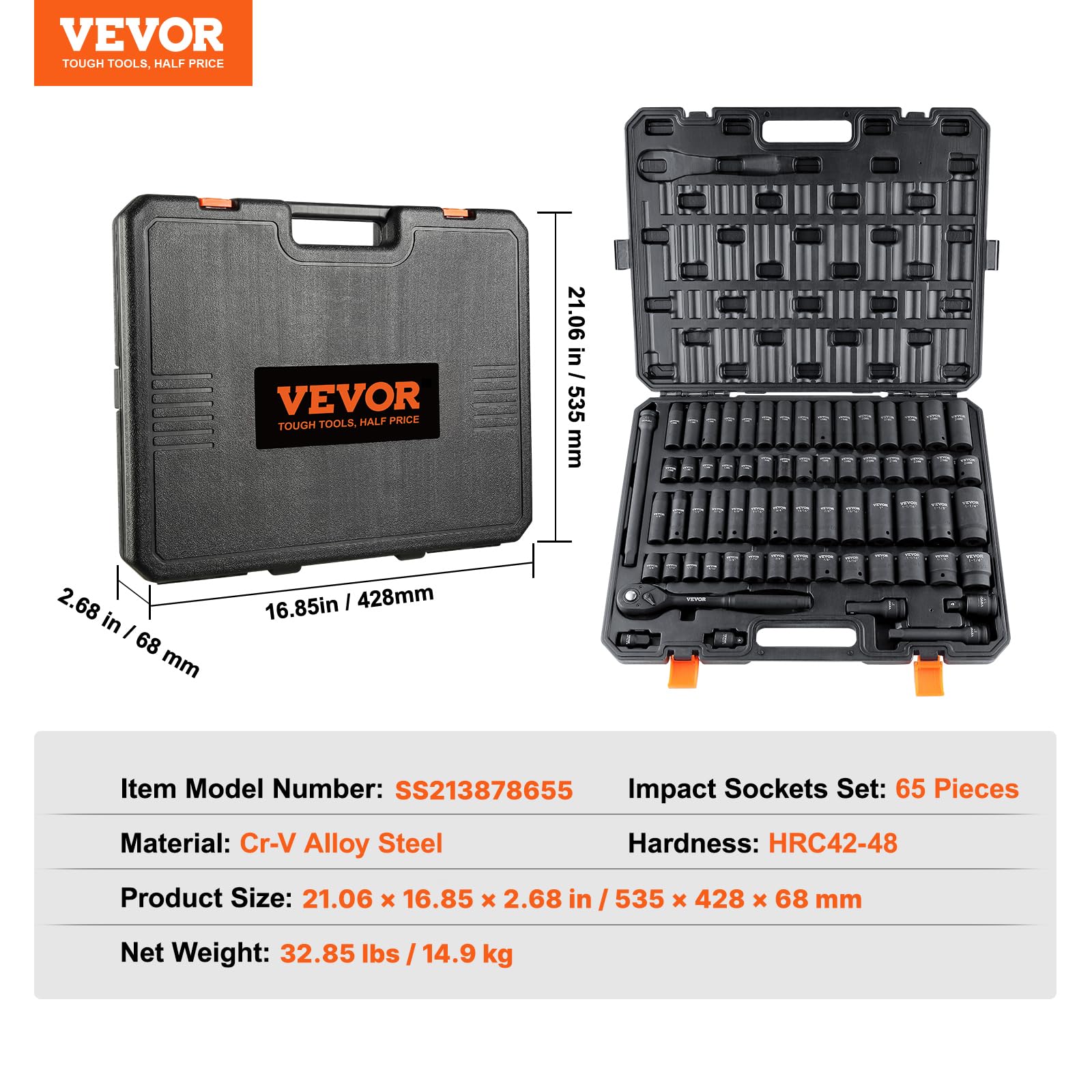 Foto 8 pulgar | Juego De Enchufes Vevor 1/2 Drive Impact, 65 Piezas, Sae 10-32 Mm, Con Funda - Venta Internacional.