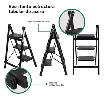 Foto 3 | Escalera Plegable De Acero 3 Peldaños Tipo Tijera Escalones Con Goma Antideslizante Portatil Negra