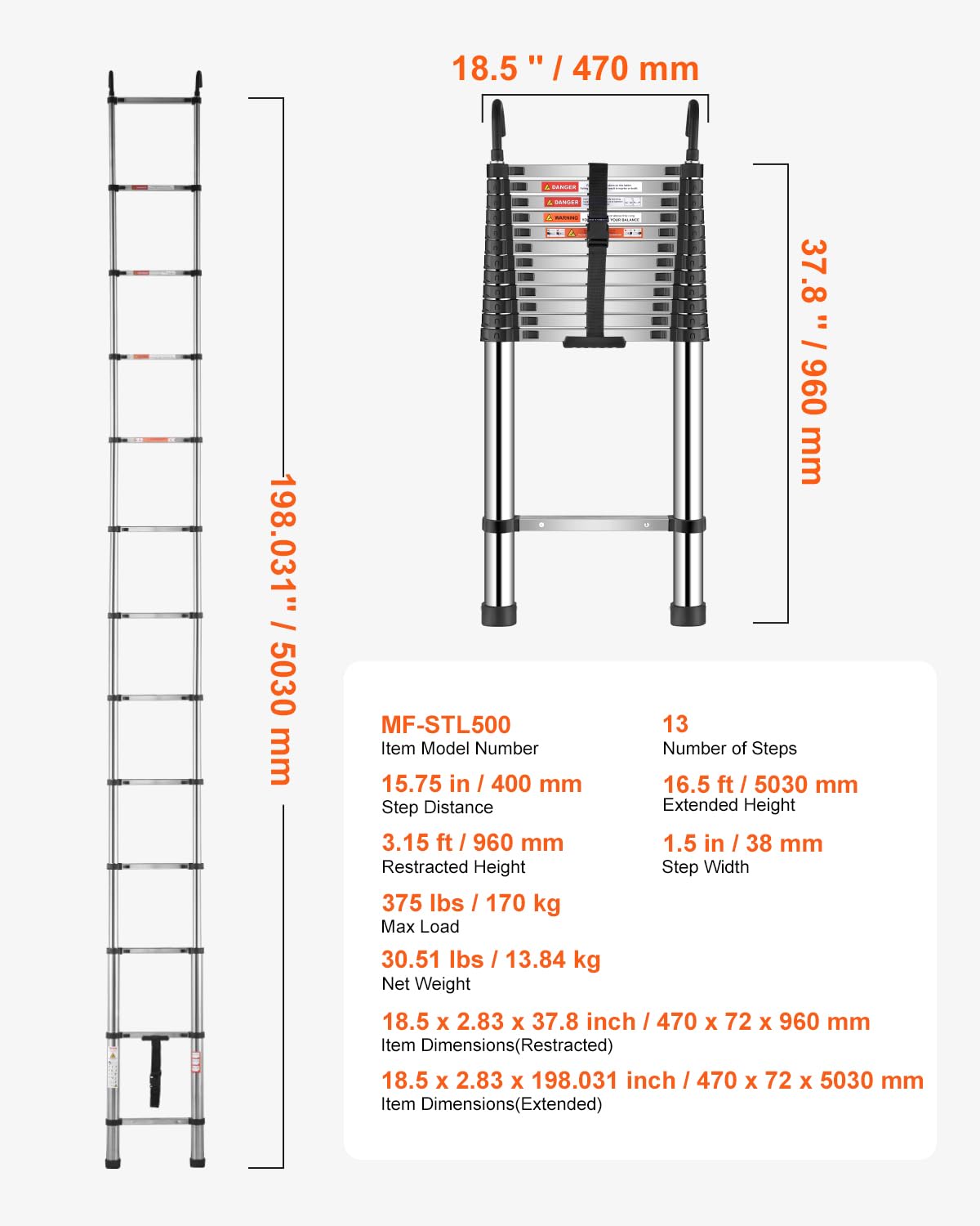 Foto 7 | Escalera Telescópica Vevor, Acero Inoxidable, 13 Peldaños, 5 M, 170 Kg - Venta Internacional.