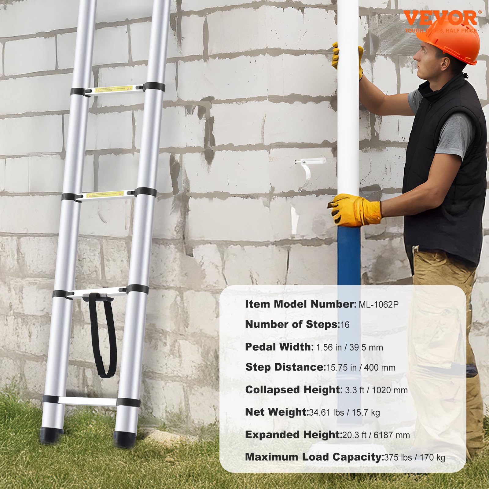 Foto 7 | Escalera Telescópica Vevor De 6,2 M De Aluminio Ligera, 170 Kg - Venta Internacional.