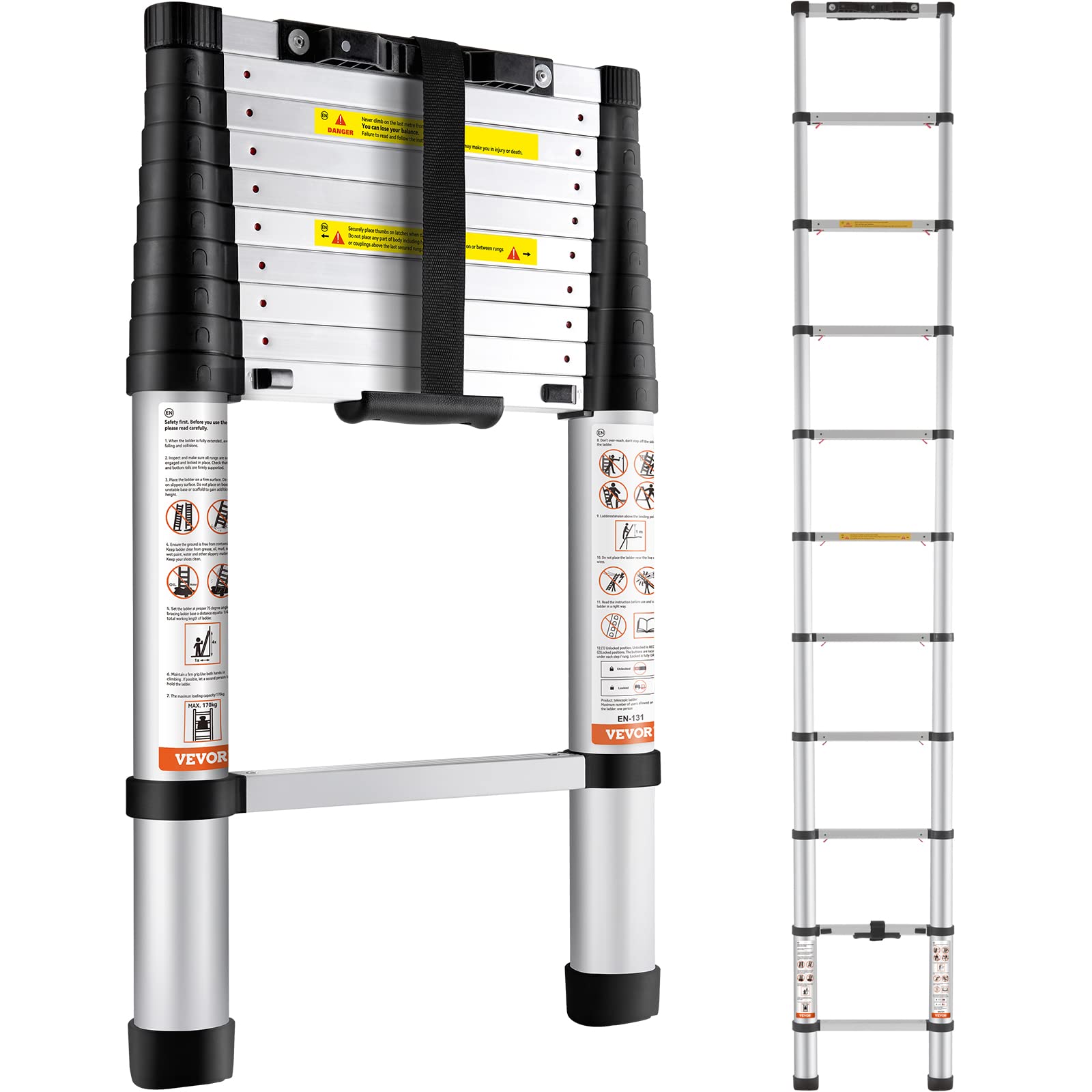 Foto 1 | Escalera Telescópica Vevor De Aluminio De 10.5 Pies Con Capacidad Para 170 Kg - Venta Internacional.